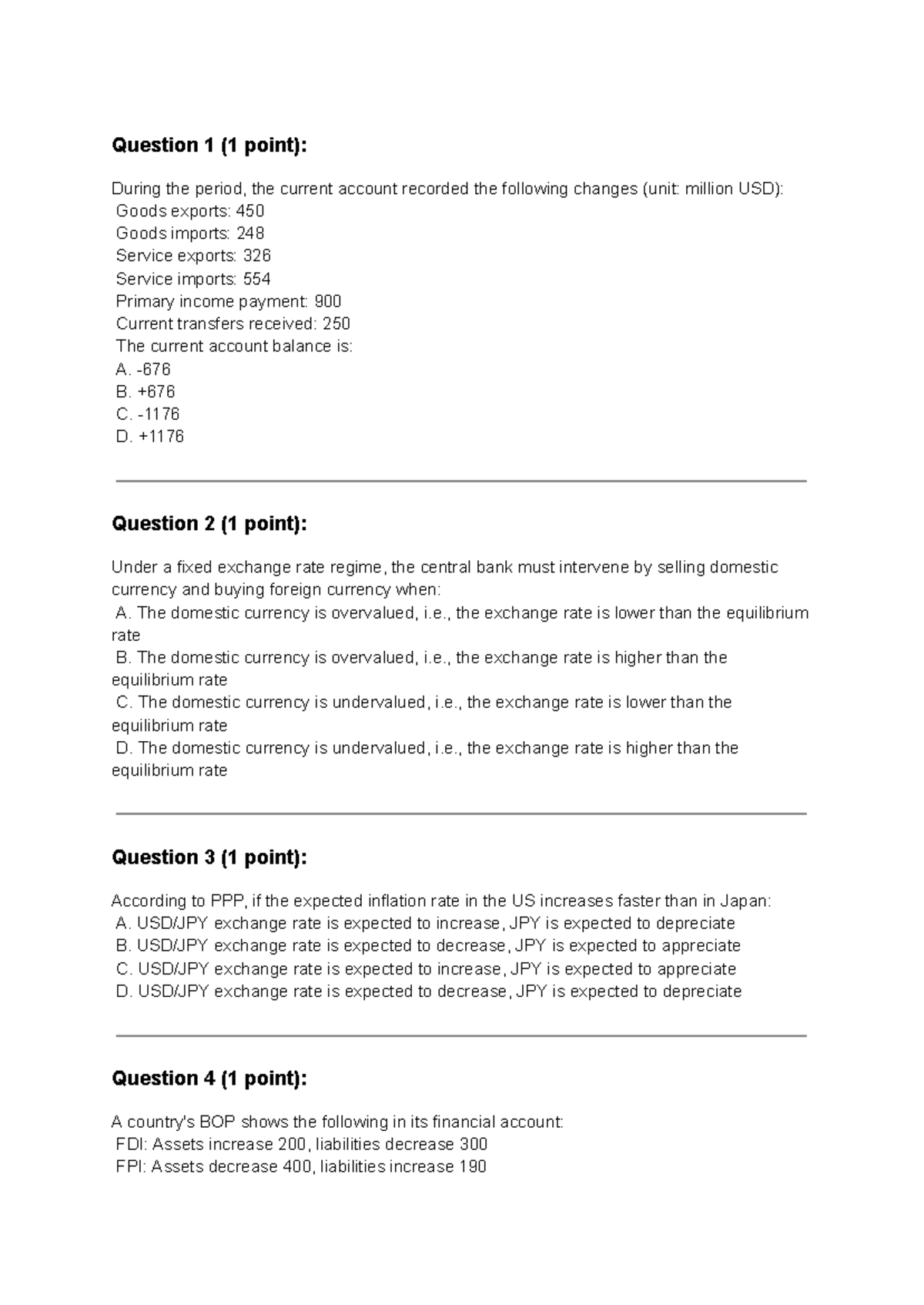 International Finance Quiz: Exchange Rates & BOP Analysis - Studocu