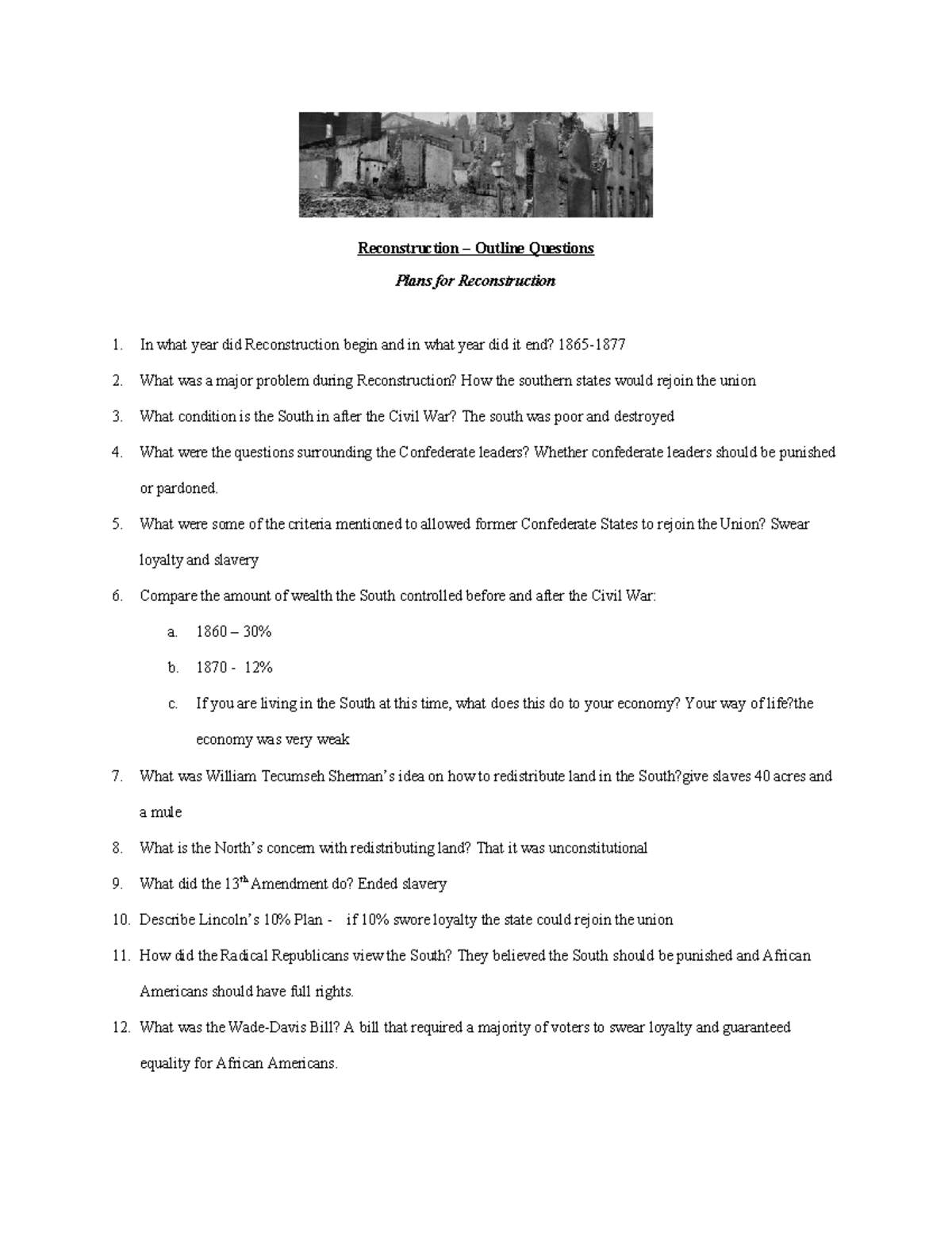Reconstruction (HIST 101) Outline: Key Questions & Plans - Studocu