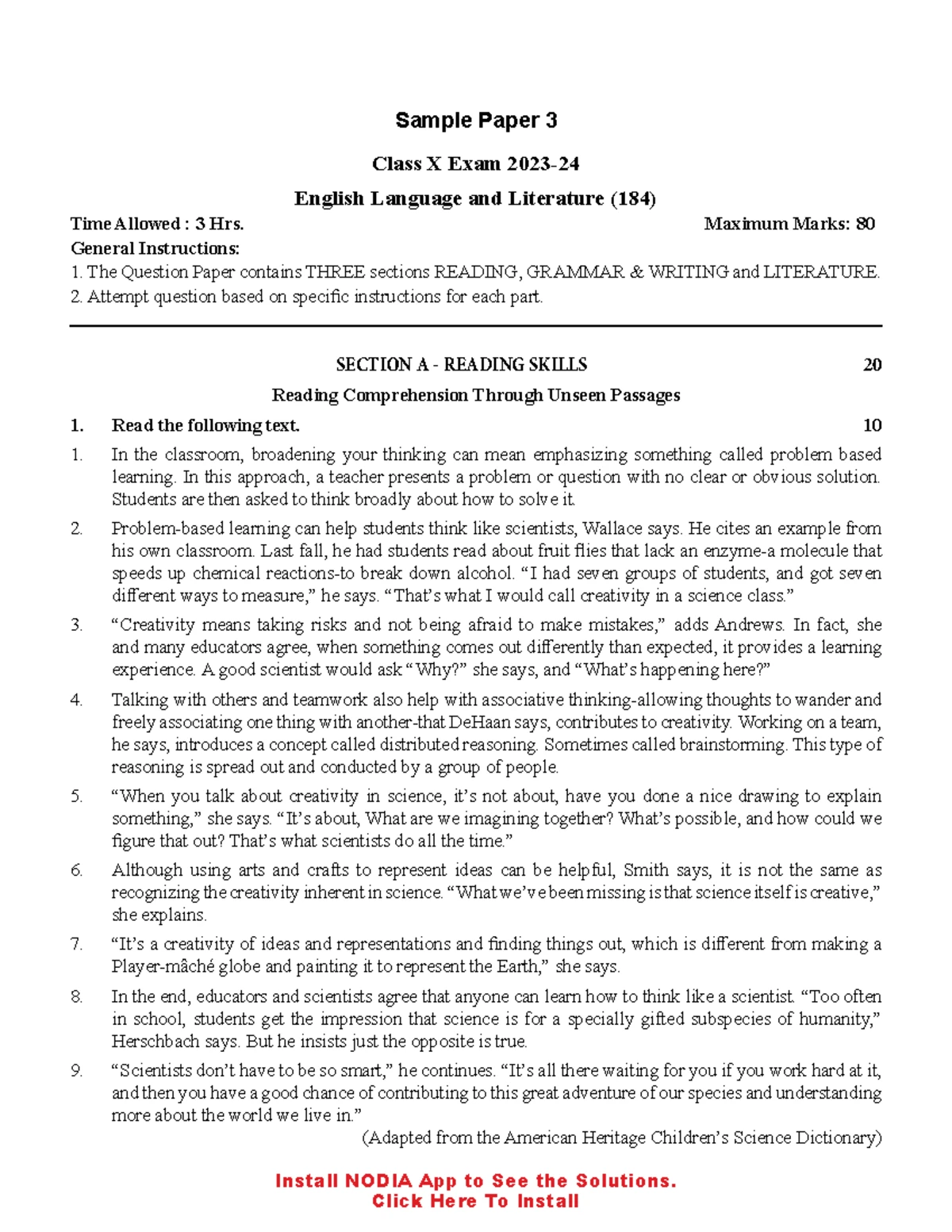 Class X English Language and Literature (184) Sample Exam Paper 21 ...