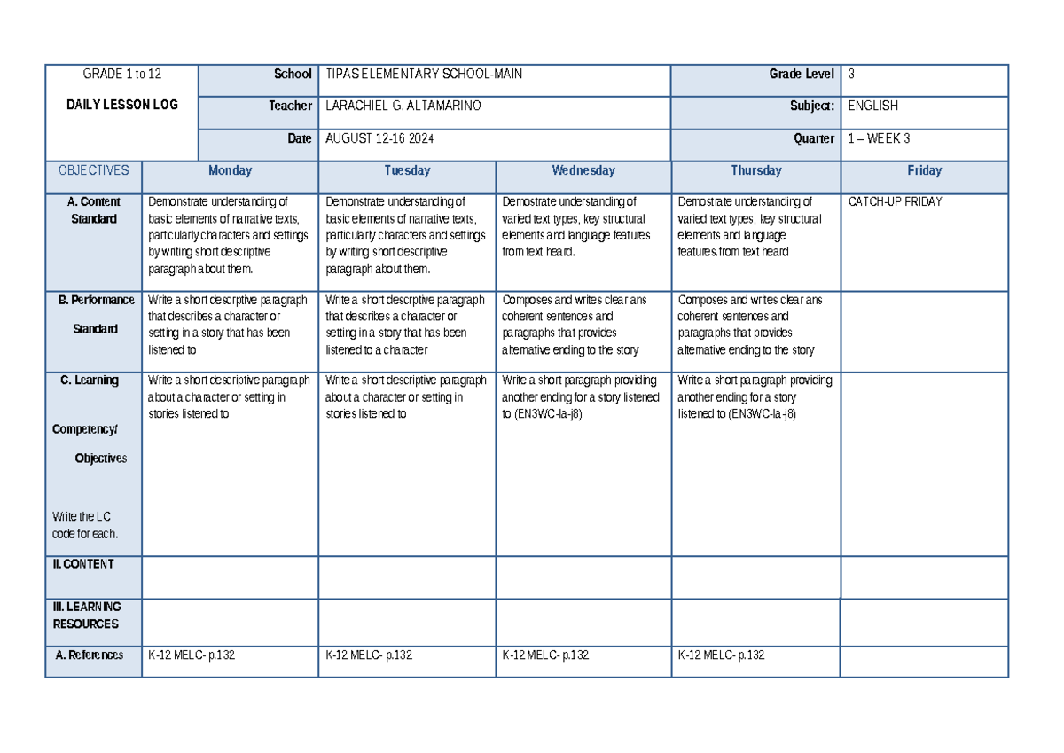 DLL in English Grade 3 - GRADE 1 to 12 DAILY LESSON LOG School TIPAS ...