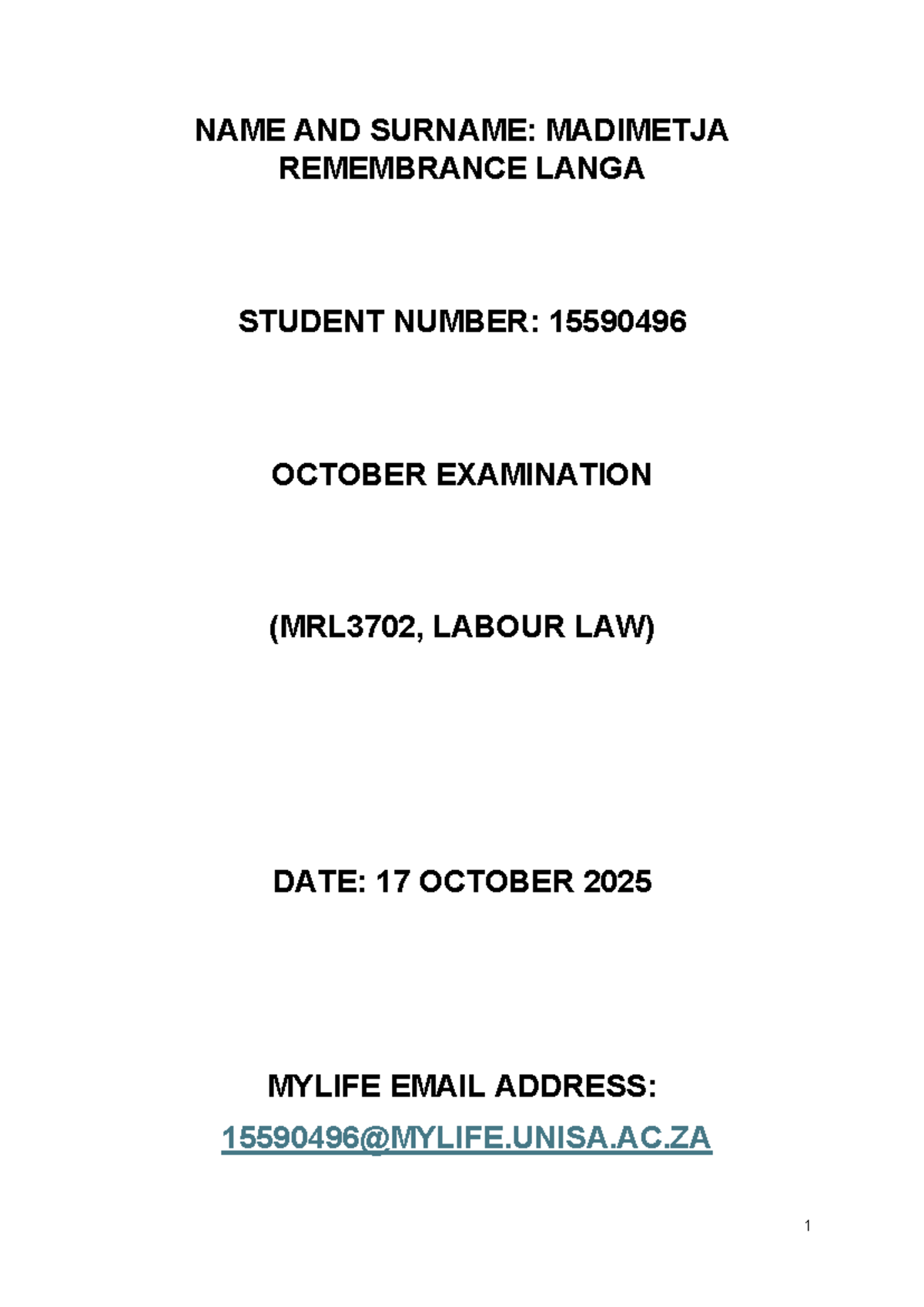 MRL3702 2025 October Exam: Labour Law Analysis and Insights - Studocu