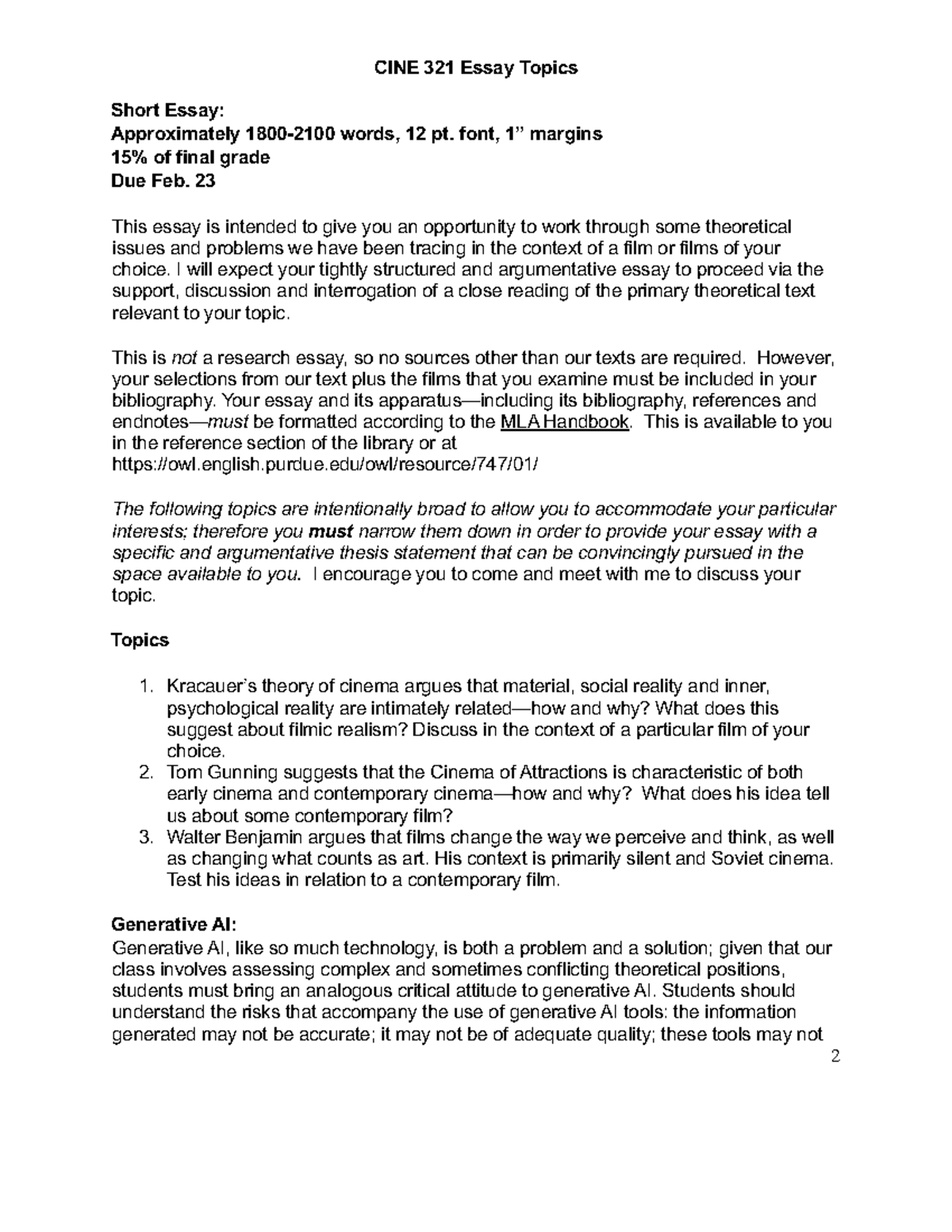 CINE 321 Short Essay Topics for Spring 2026 - Studocu
