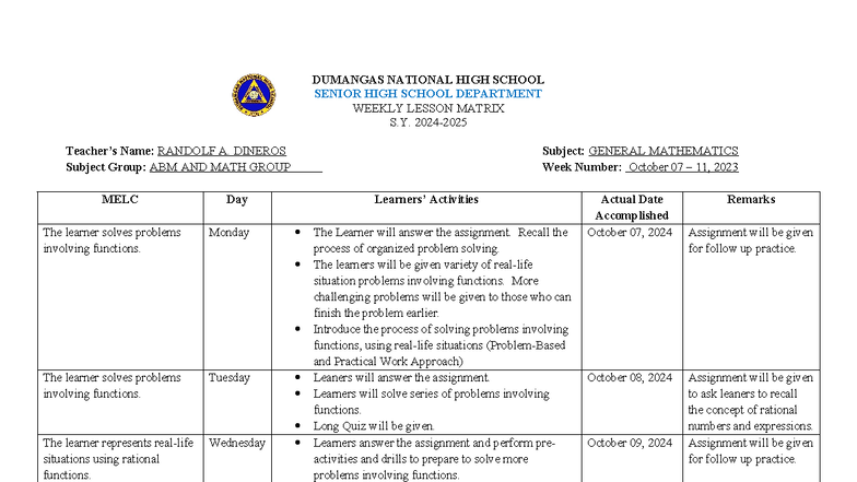 DUMANGAS NATIONAL HIGH SCHOOL ABM & MATH GROUP Weekly Lesson Matrix ...