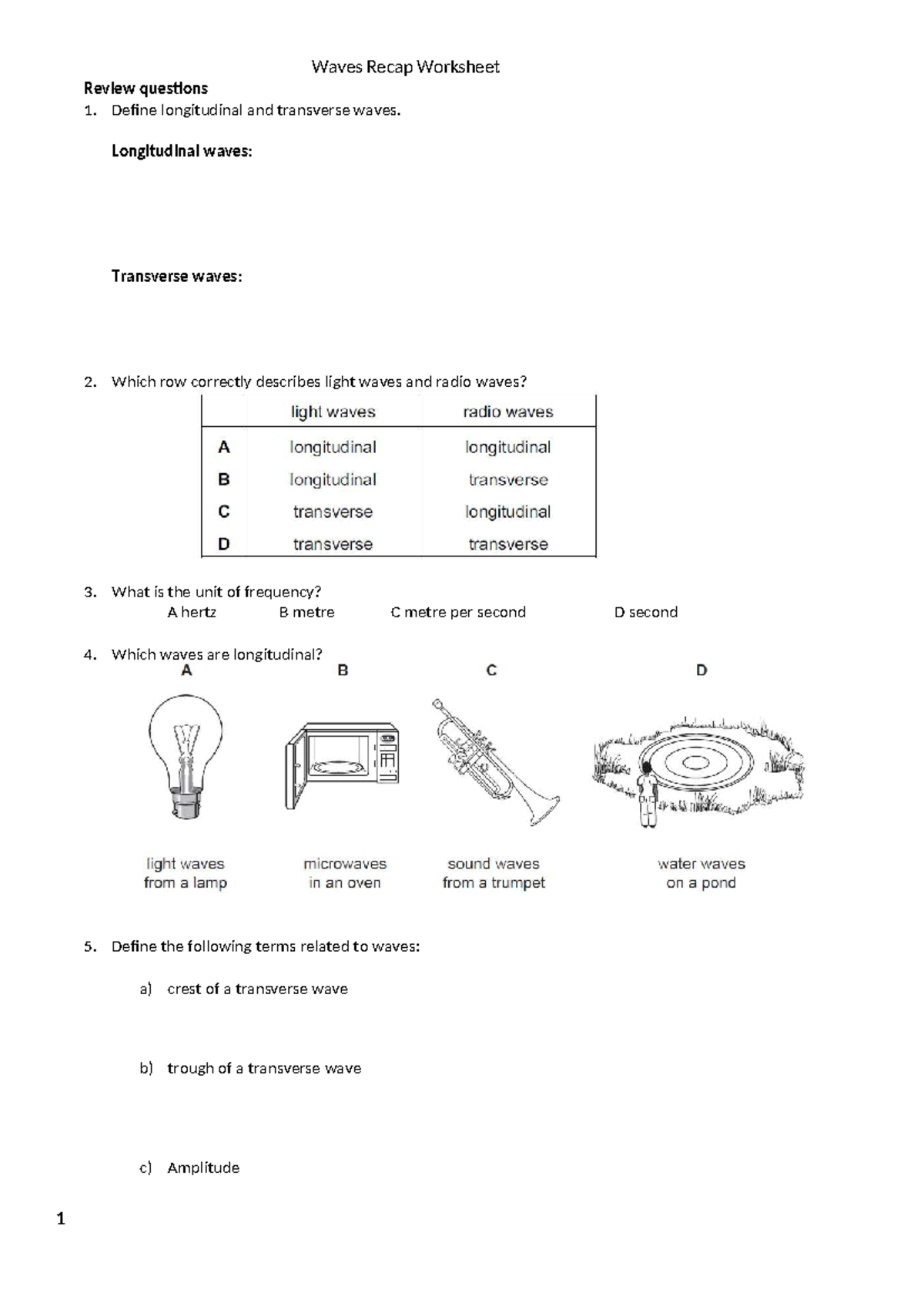 Waves Recap Worksheet: Key Concepts & Review Questions - Studocu