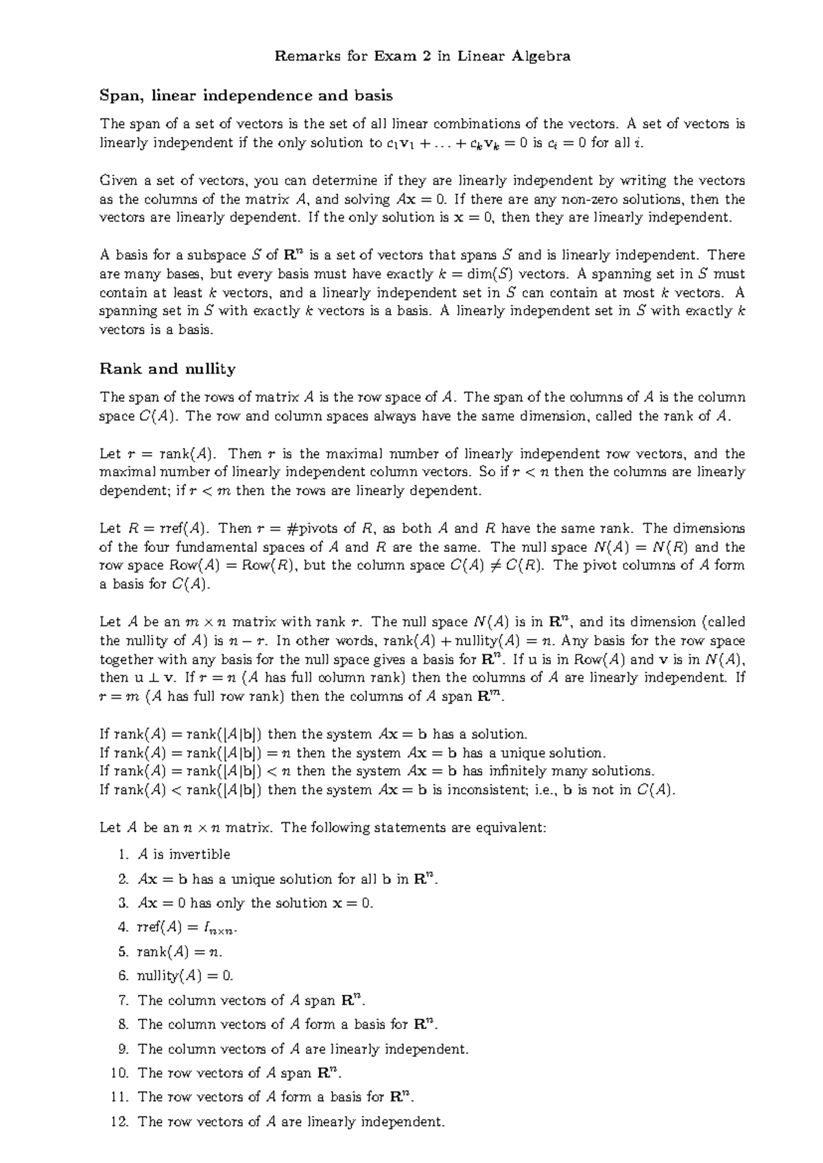 Exam 2 Review - Linear Algebra Concepts and Remarks (F17) - Studocu