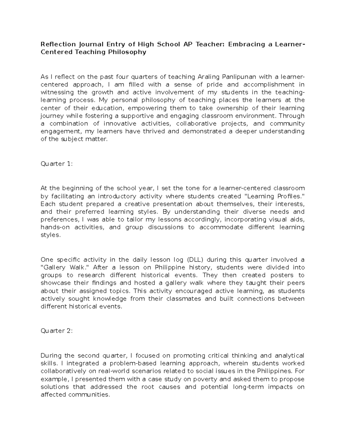 Reflection Journal Entry: Embracing Learner-Centered Teaching in AP ...