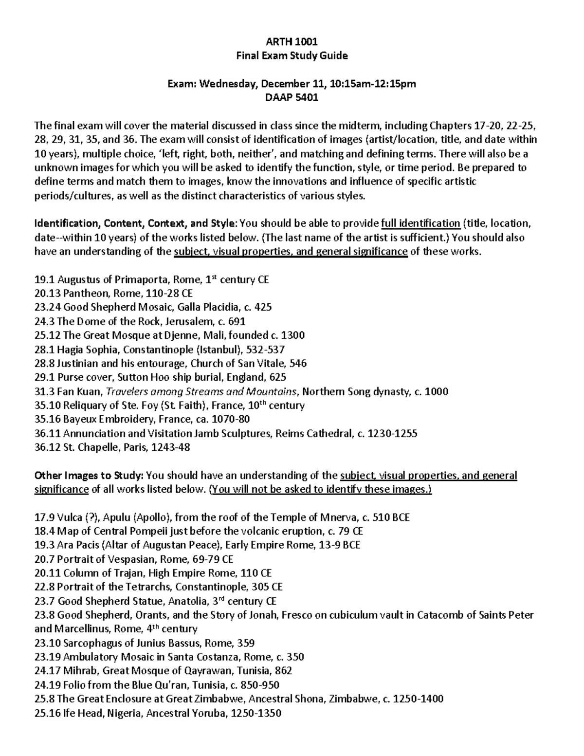 ARTH 1001 Final Exam Study Guide: Key Concepts from Chapters 17-36 ...