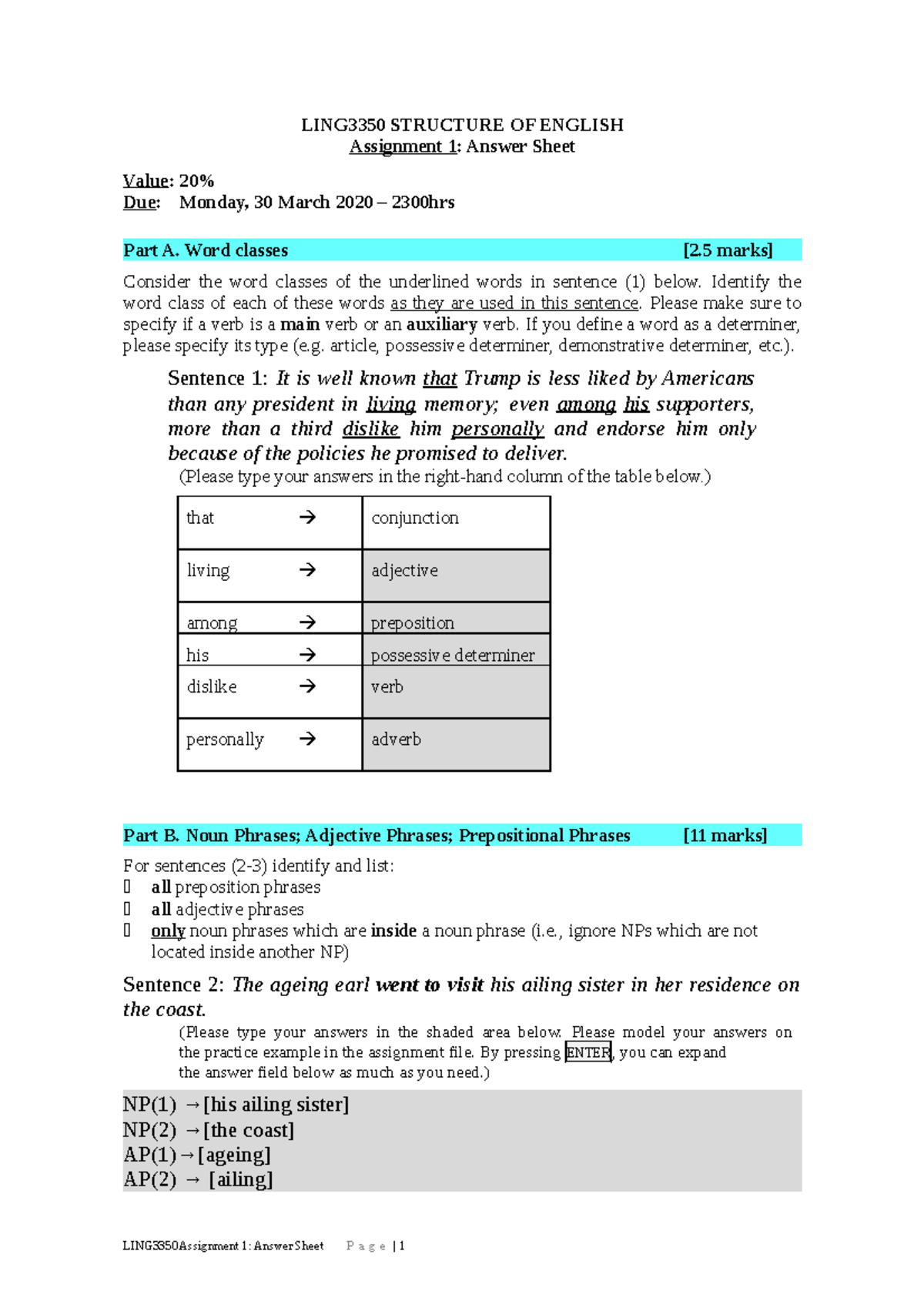 LING3350 Assignment 1: Structure of English - Answer Sheet - Studocu