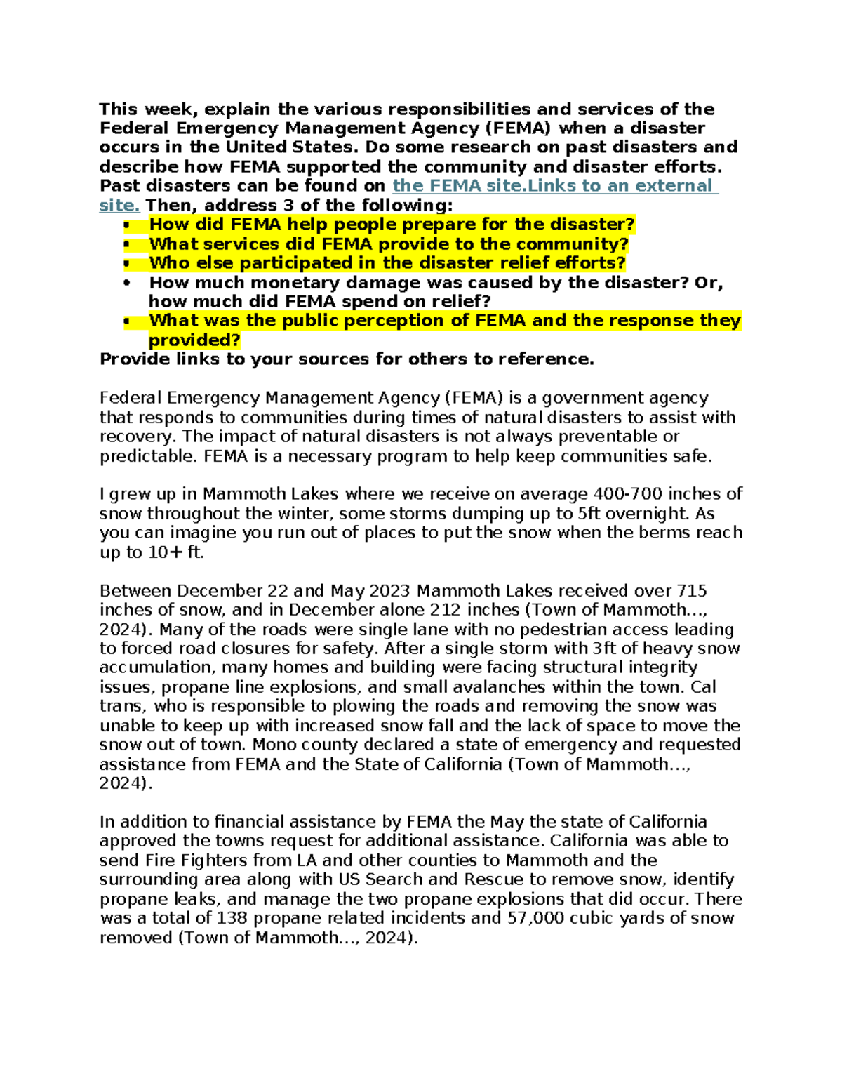 N431 FEMA discussion - This week, explain the various responsibilities ...