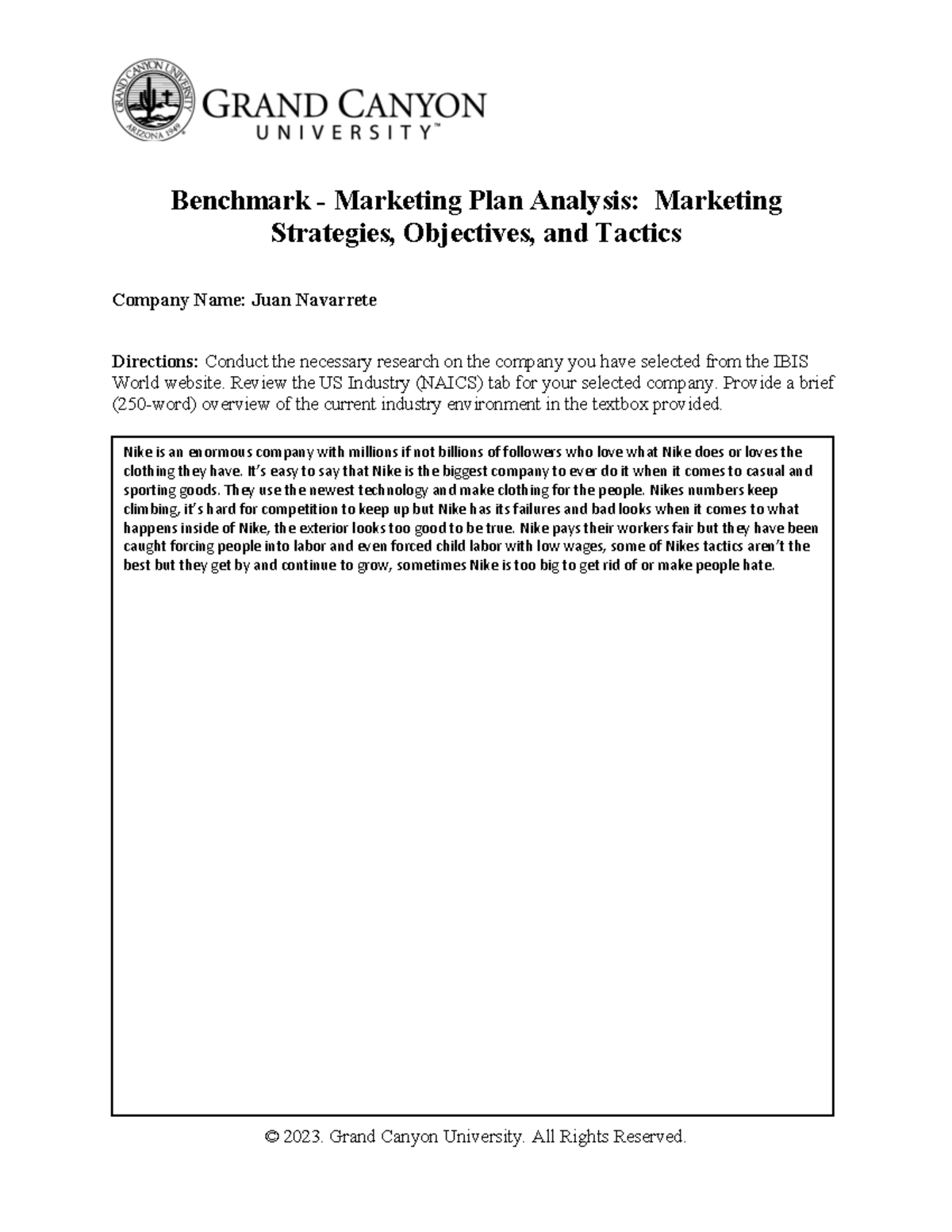 MKT-315-RS-T1-Benchmark-Marketing-Plan-Analysis-for-Nike - Studocu