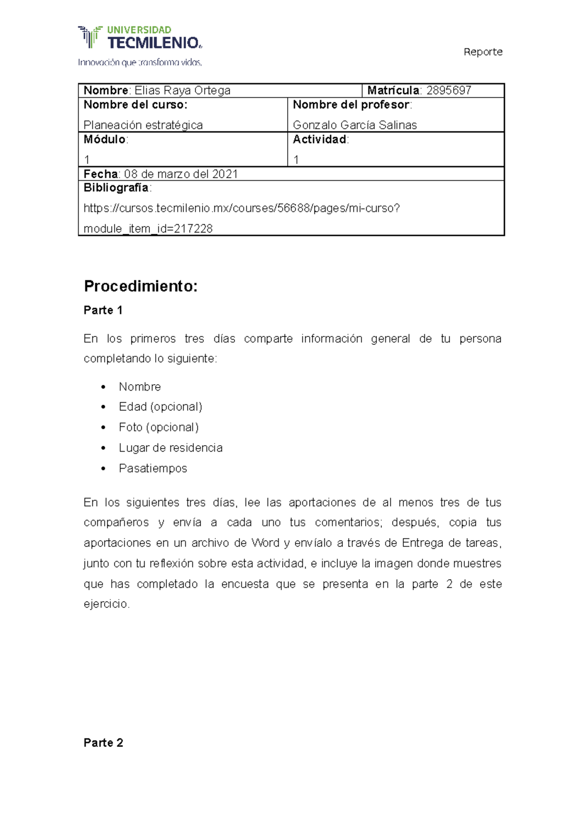 Actividad 1 de Planeación estratégica - Nombre : Elias Raya Ortega ...