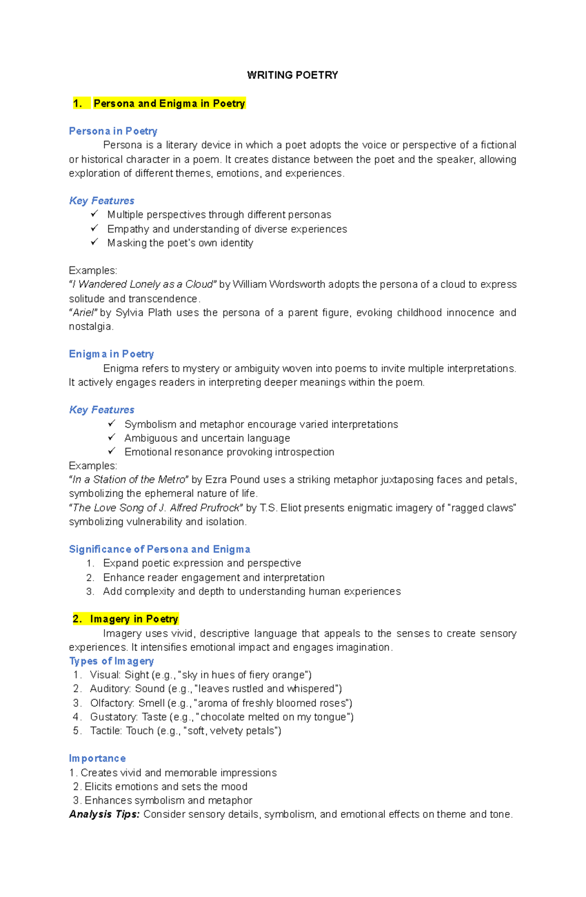 WRITING POETRY 1: Persona, Enigma, and Imagery Lecture Notes - Studocu