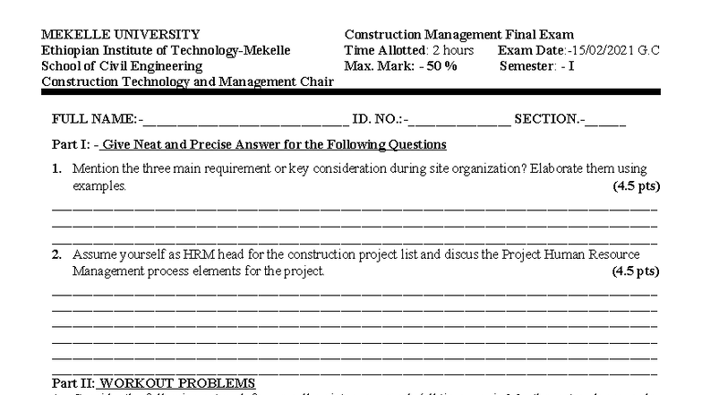 MEKELLE UNIVERSITY Construction Management Final Exam - CPM 2013 - Studocu