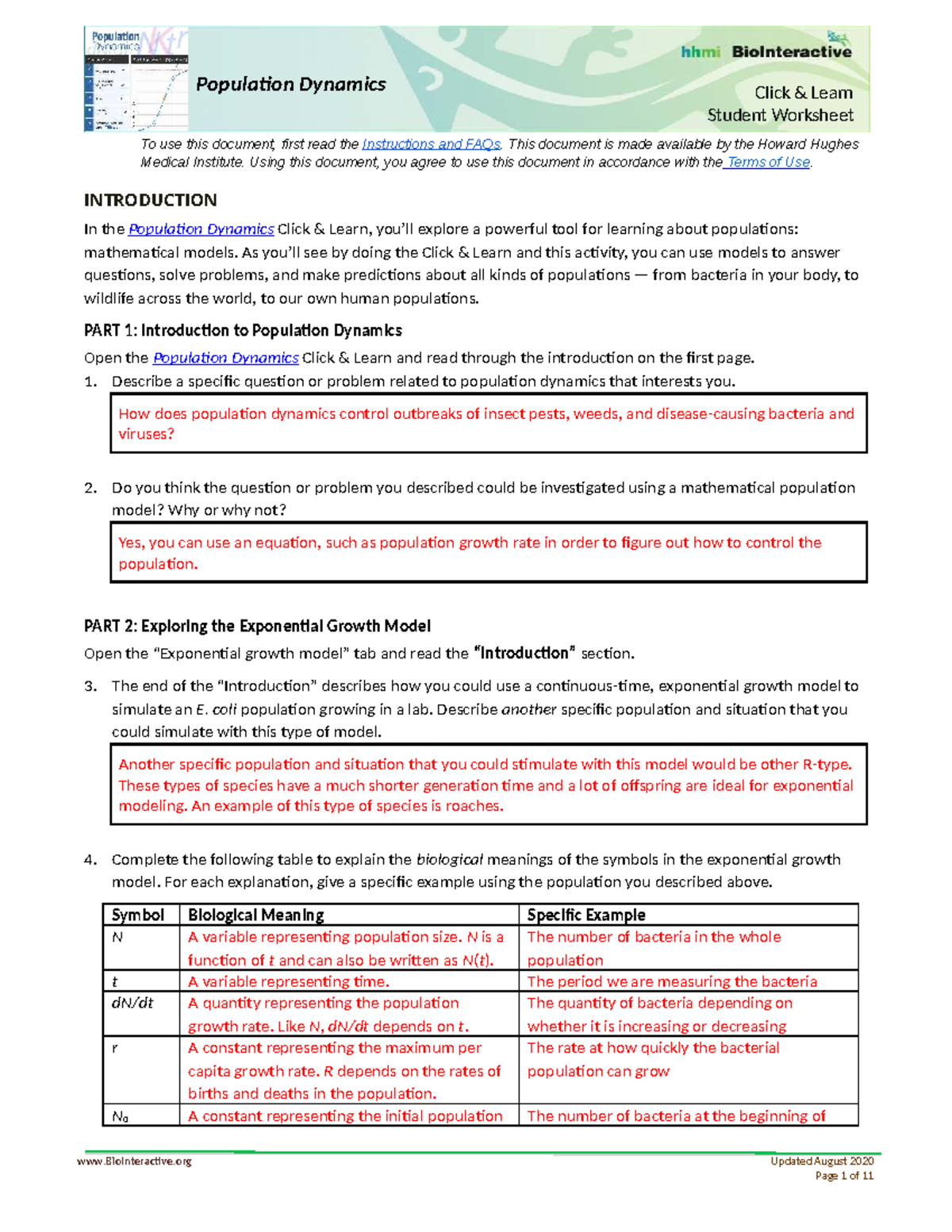 Population Dynamics Click Learn Student Worksheet: Exploring Models ...