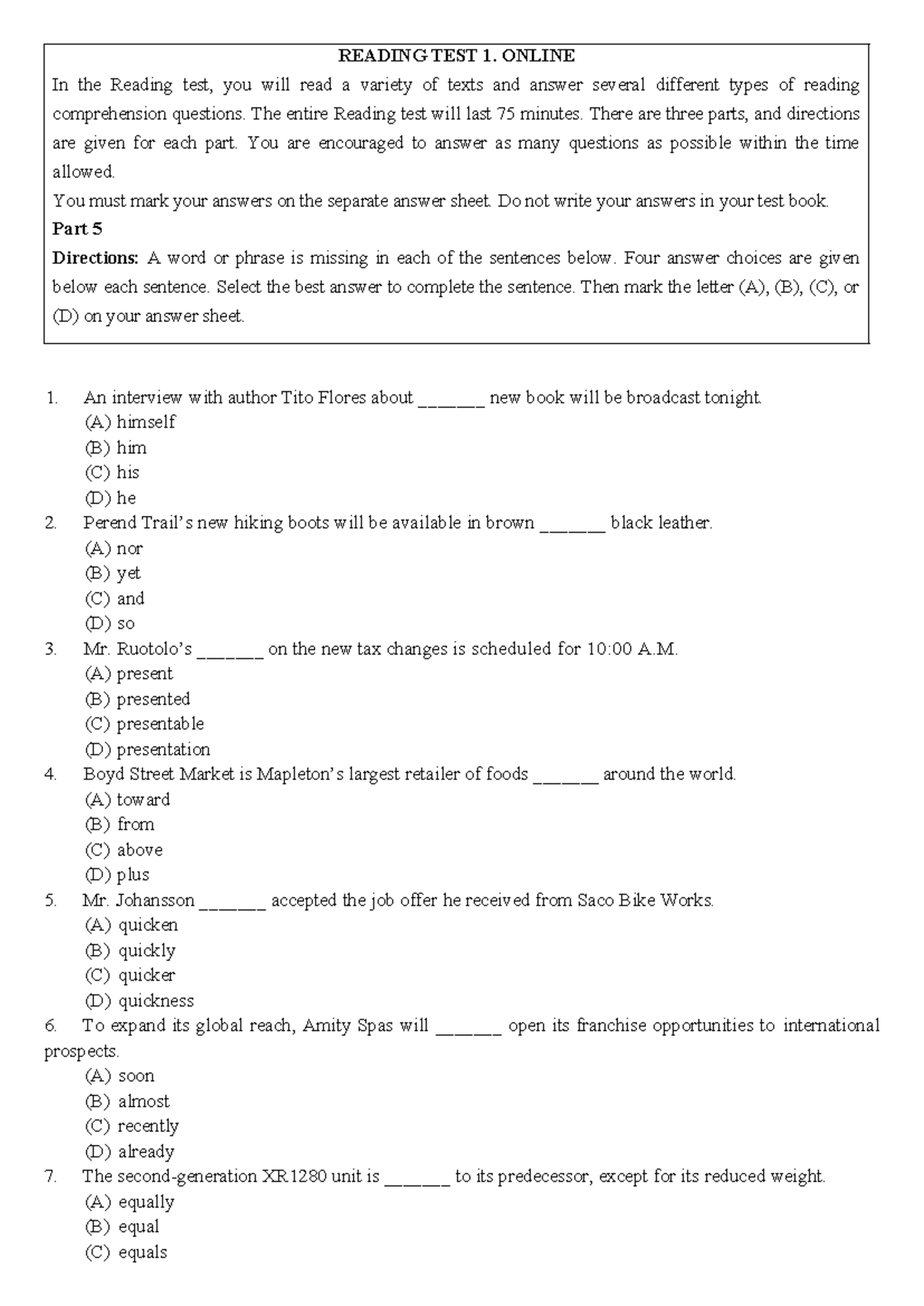 Reading Test 1: Comprehension Questions and Directions (TEST 005) - Studocu