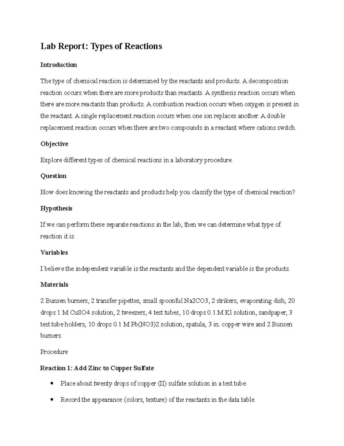 Lab Report: Analyzing Chemical Reaction Types in Experiments - Studocu