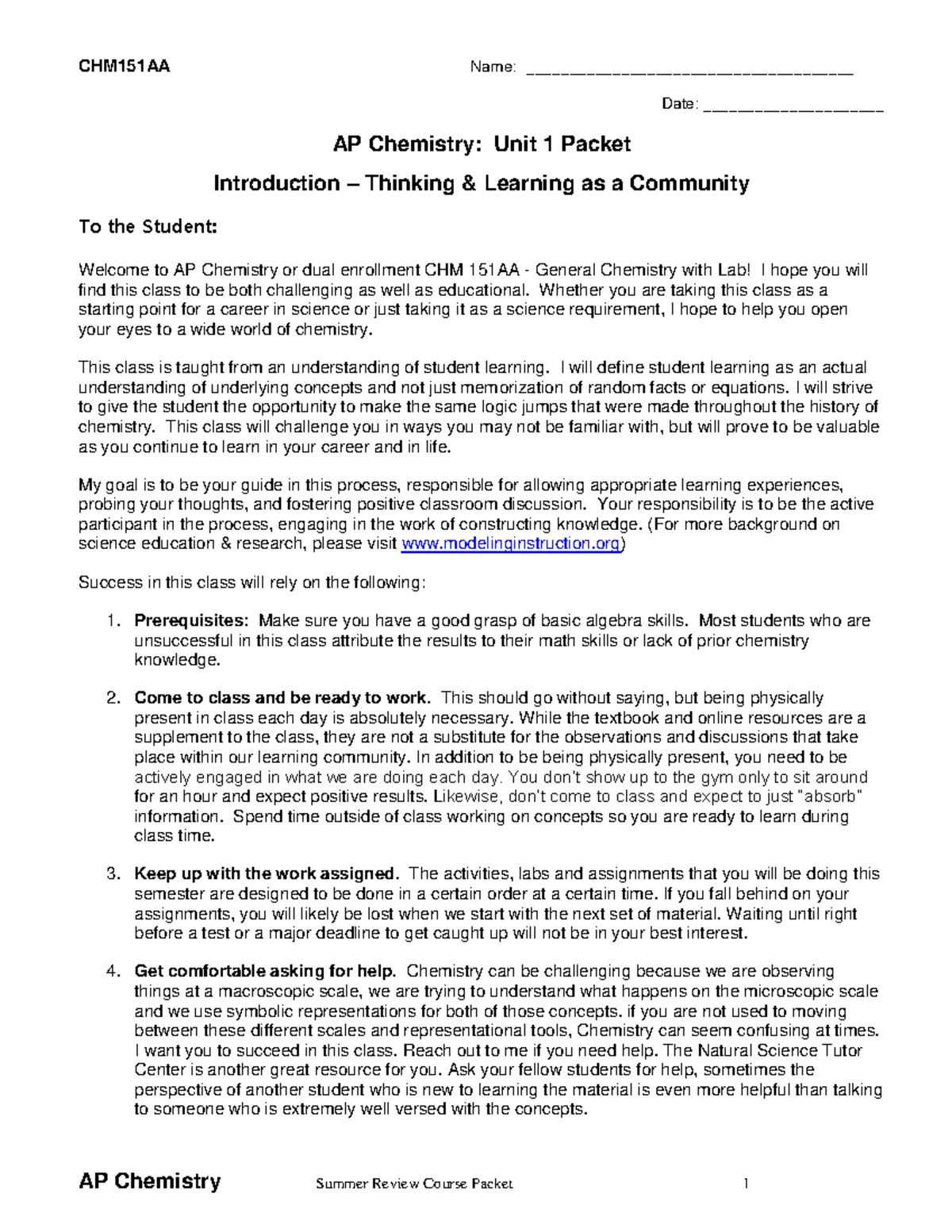 AP Chem CHM151AA - Unit 1 Practice Test and Review Worksheet - Studocu
