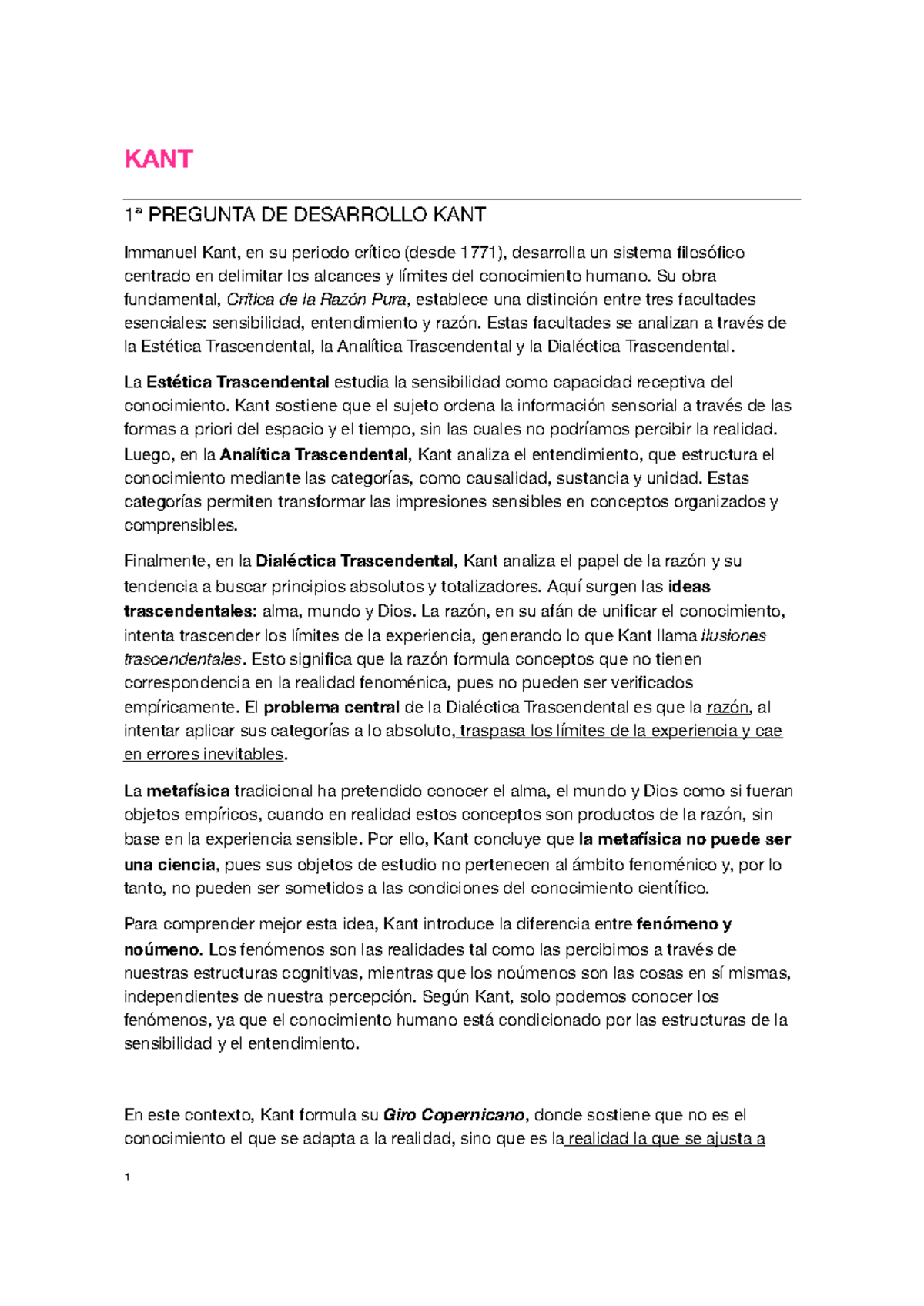 1ª Pregunta de Desarrollo sobre Kant: Análisis Crítico y Test - Studocu