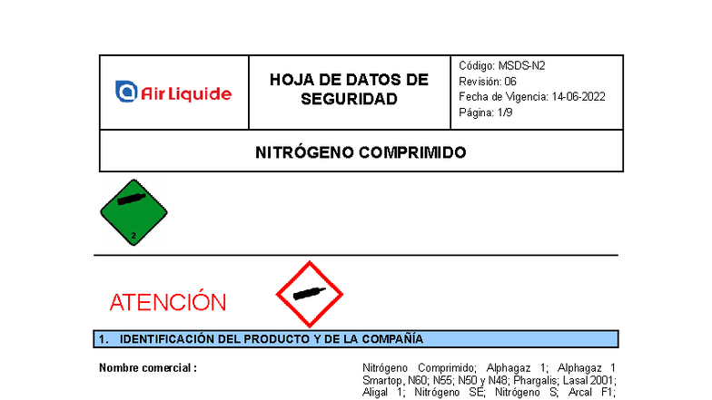 Hoja de Datos de Seguridad: Nitrógeno Comprimido (MSDS-N2) - Studocu