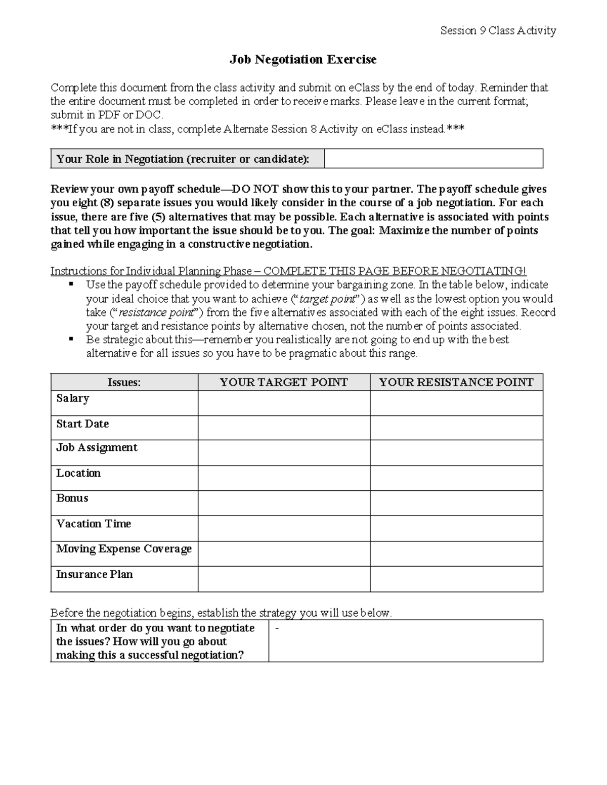 Negotiation Exercise (Class Activity, Session 9) - Job Negotiation ...