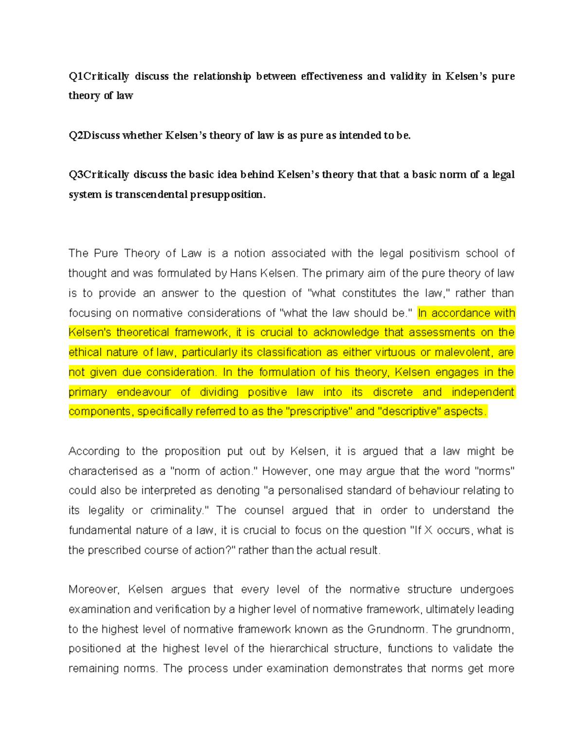 Kelsen's Pure Theory of Law: Validity, Effectiveness, and Norms - Studocu