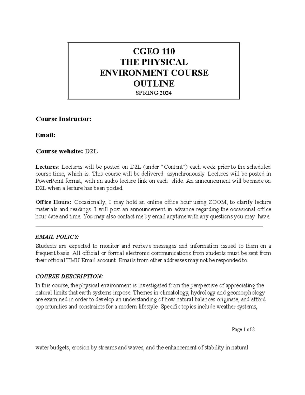 CGEO110: Physical Environment Course Outline for Spring 2024 - Studocu