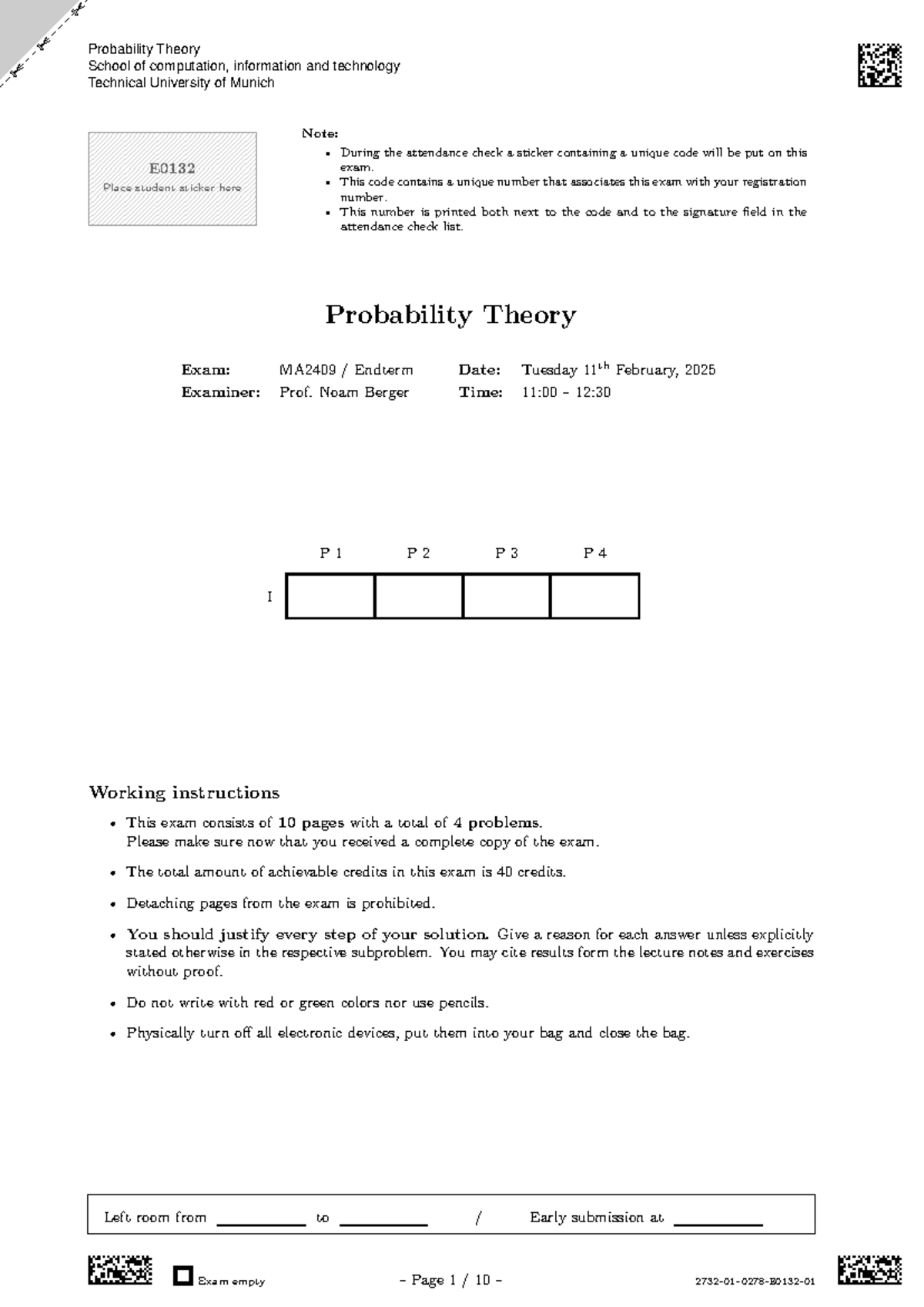 Probability Theory MA2409 Endterm Exam Instructions and Problems - Studocu