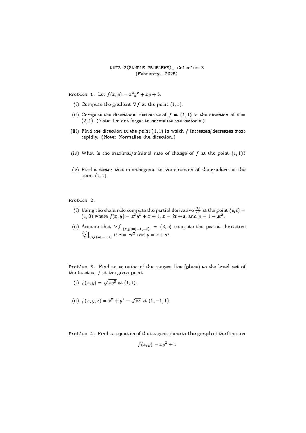 Quiz 2 sample problems for Calculus 3 - Unit 2 practice problems - Studocu