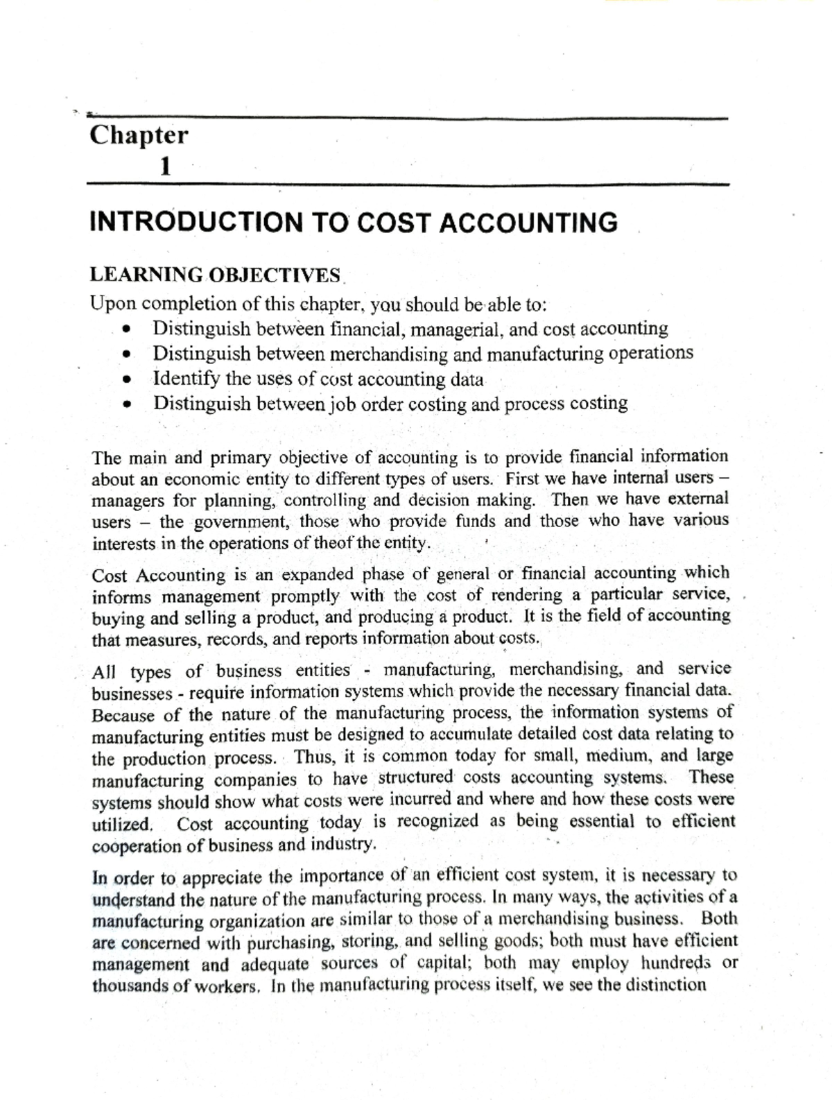 Chapter 01: Intro to Cost Accounting Concepts and Objectives - Studocu