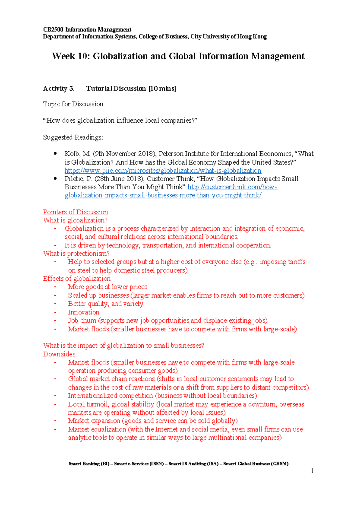CB2500 - Week 11 Tutorial on Globalization & Outsourcing Discussions ...