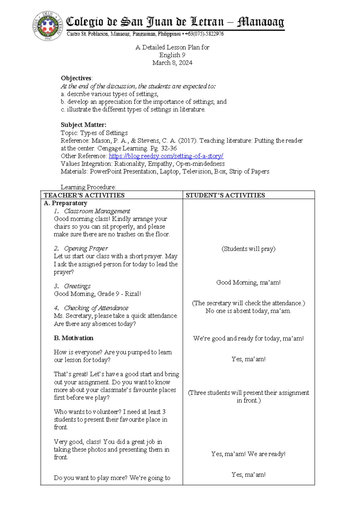 DLP - English 9 Lesson 5: Exploring Types of Settings in Literature ...