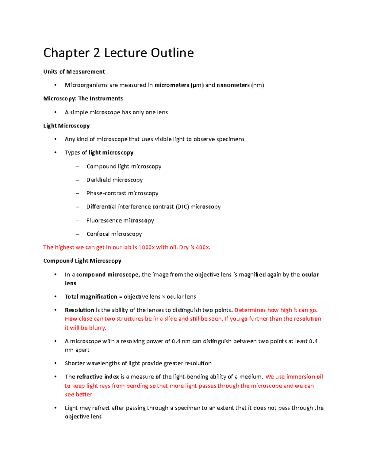 Micro Chapter 2 Lecture Outline: Microscopy & Staining Techniques - Studocu
