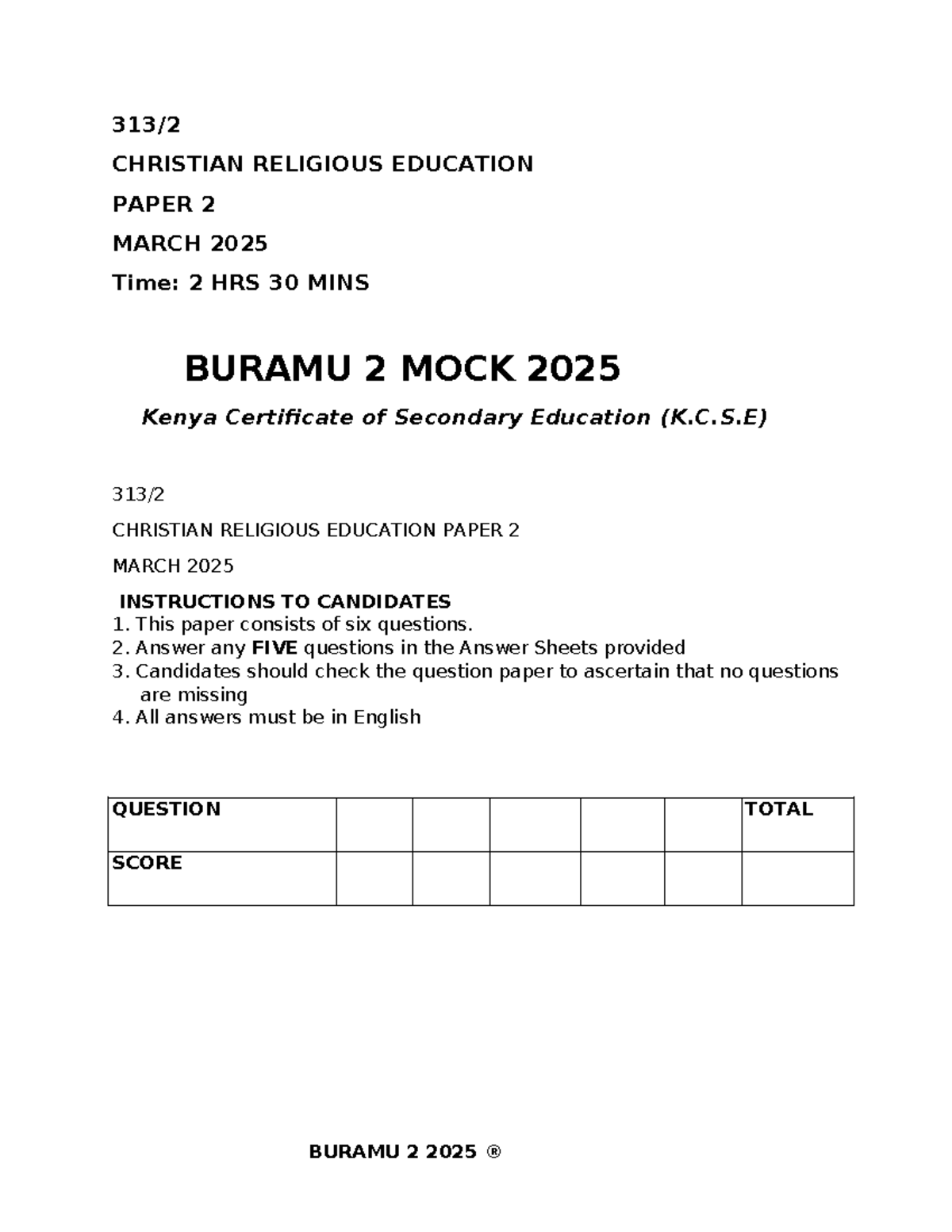 CRE Paper 2 Mock Exam March 2025 - Buramu 2 K.C.S.E. - Studocu