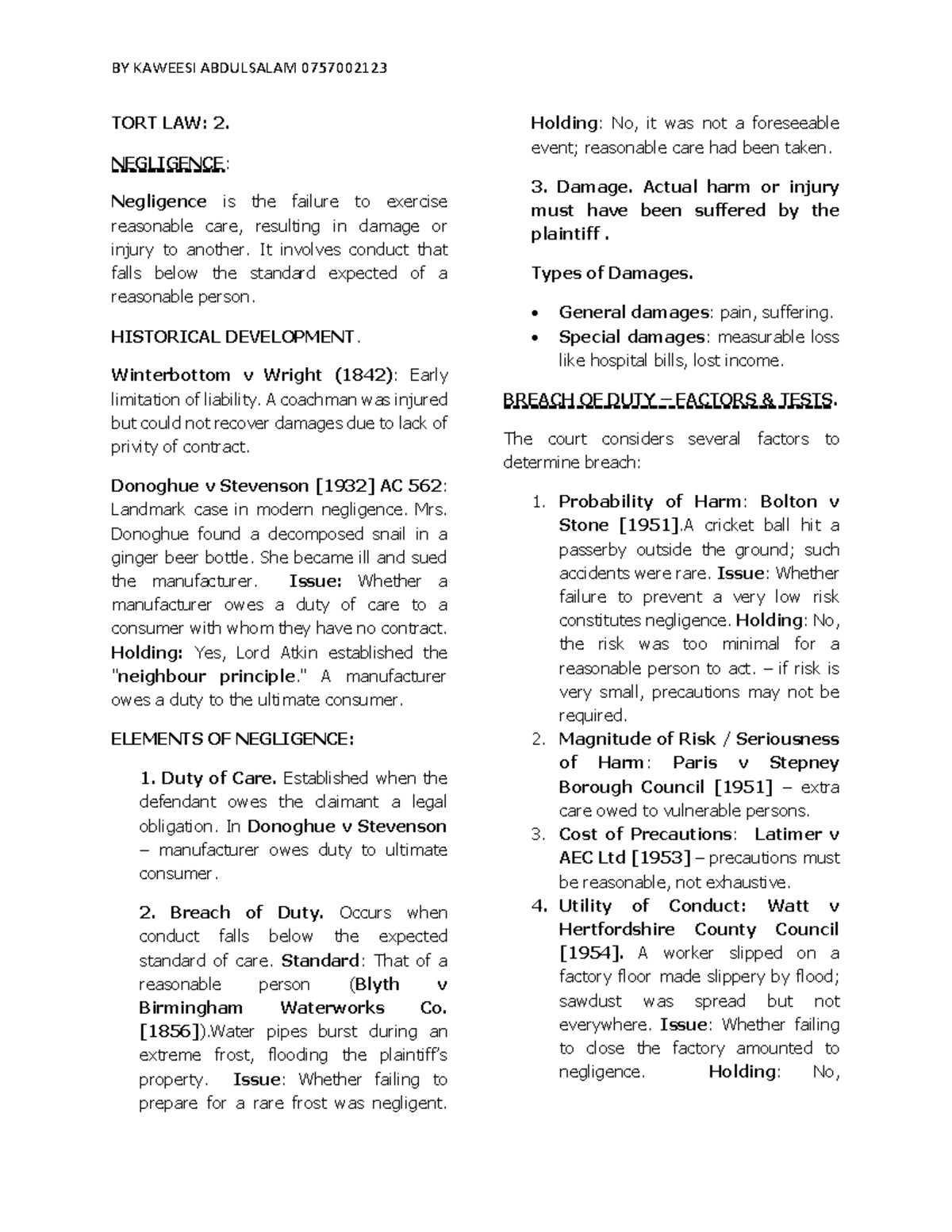 Exam Tort 2 - Summarized notes on tort 2 - TORT LAW: 2. NEGLIGENCE ...