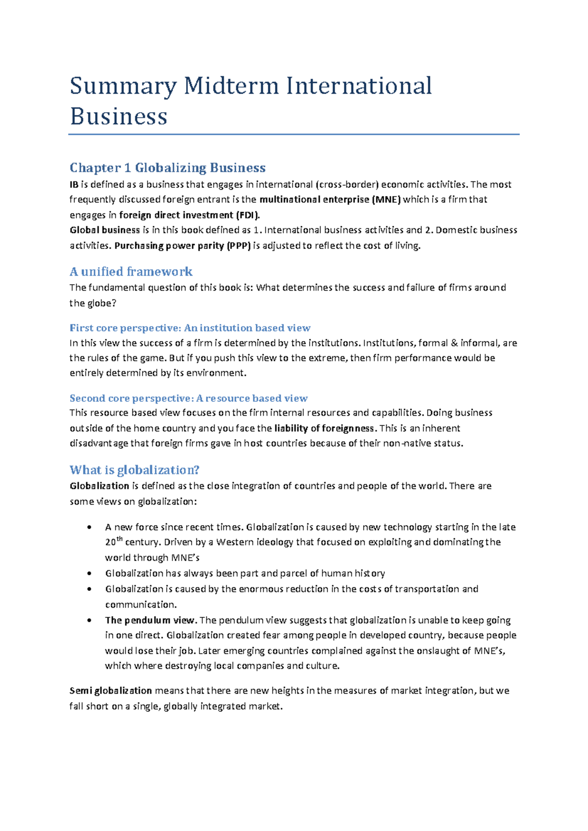 Summary Midterm IB - Global Business Concepts from Chapters 1-5, 12 ...