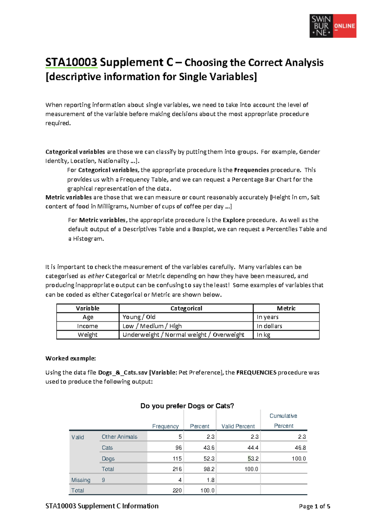 STA10003 Supplement C: Guide to Choosing Appropriate Analysis Methods ...