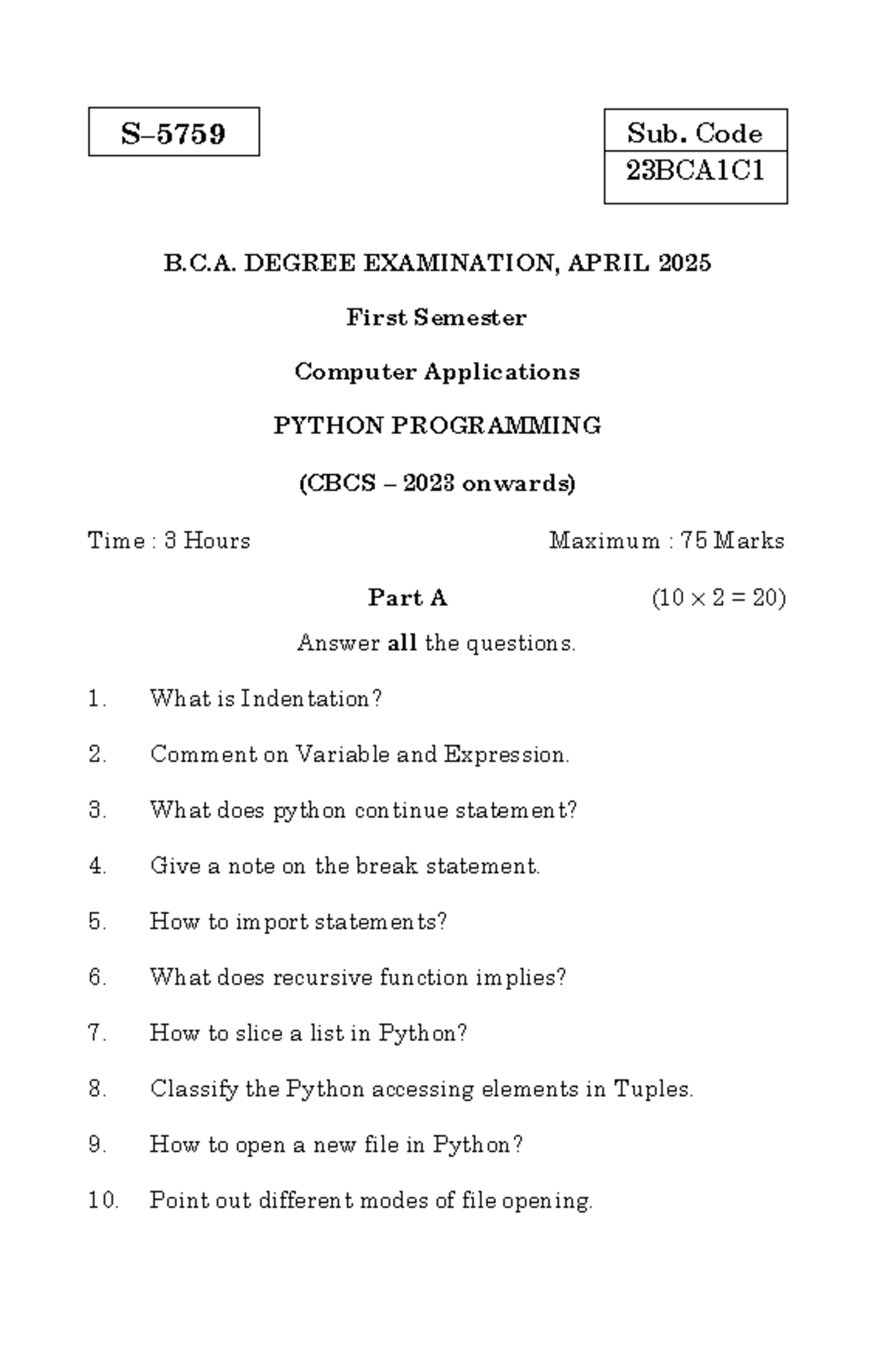 Sub. Code 23BCA1C1 B.C.A. DEGREE EXAMINATION, APRIL 2025 Python ...