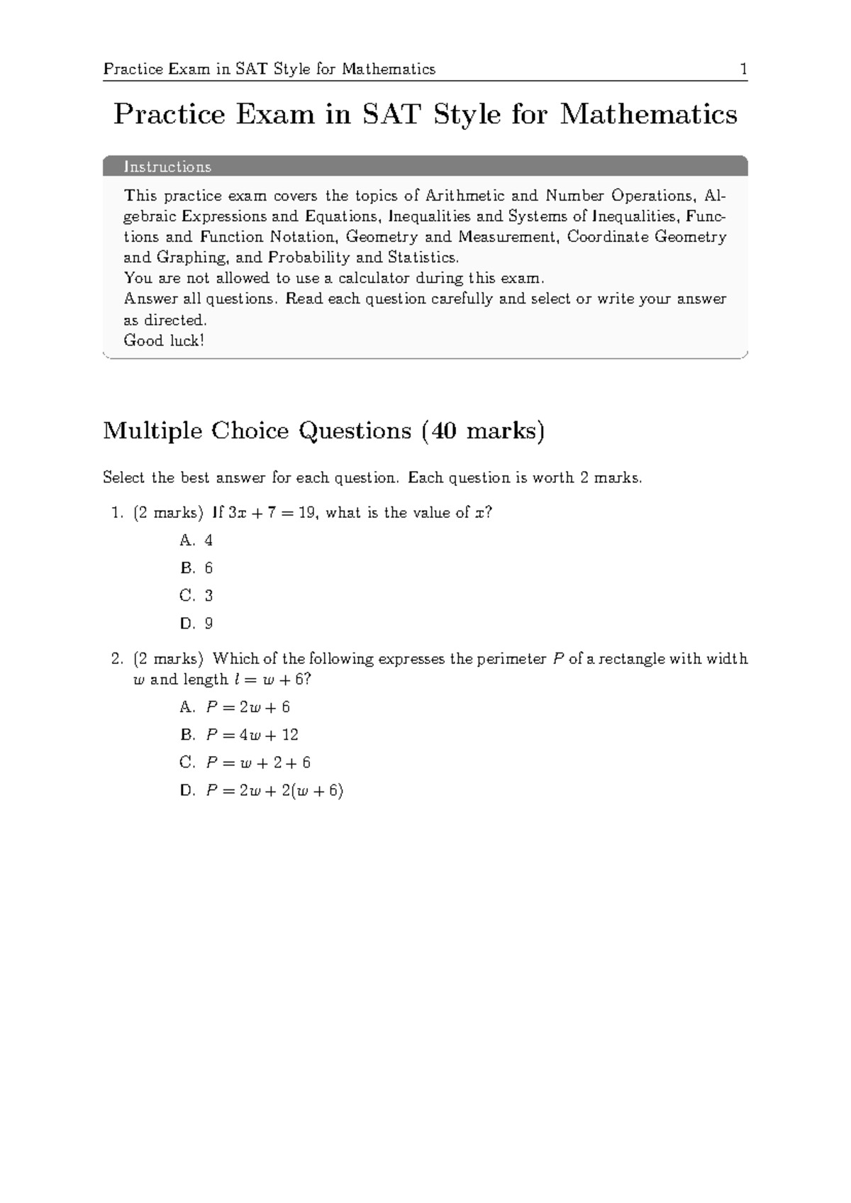 MATH SAT8 - Practice Exam in SAT Style for Mathematics - Studocu