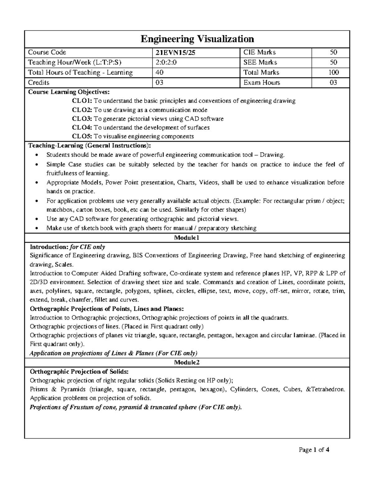 Engineering Visualization Course (21EV15) - CIE Overview and Objectives ...