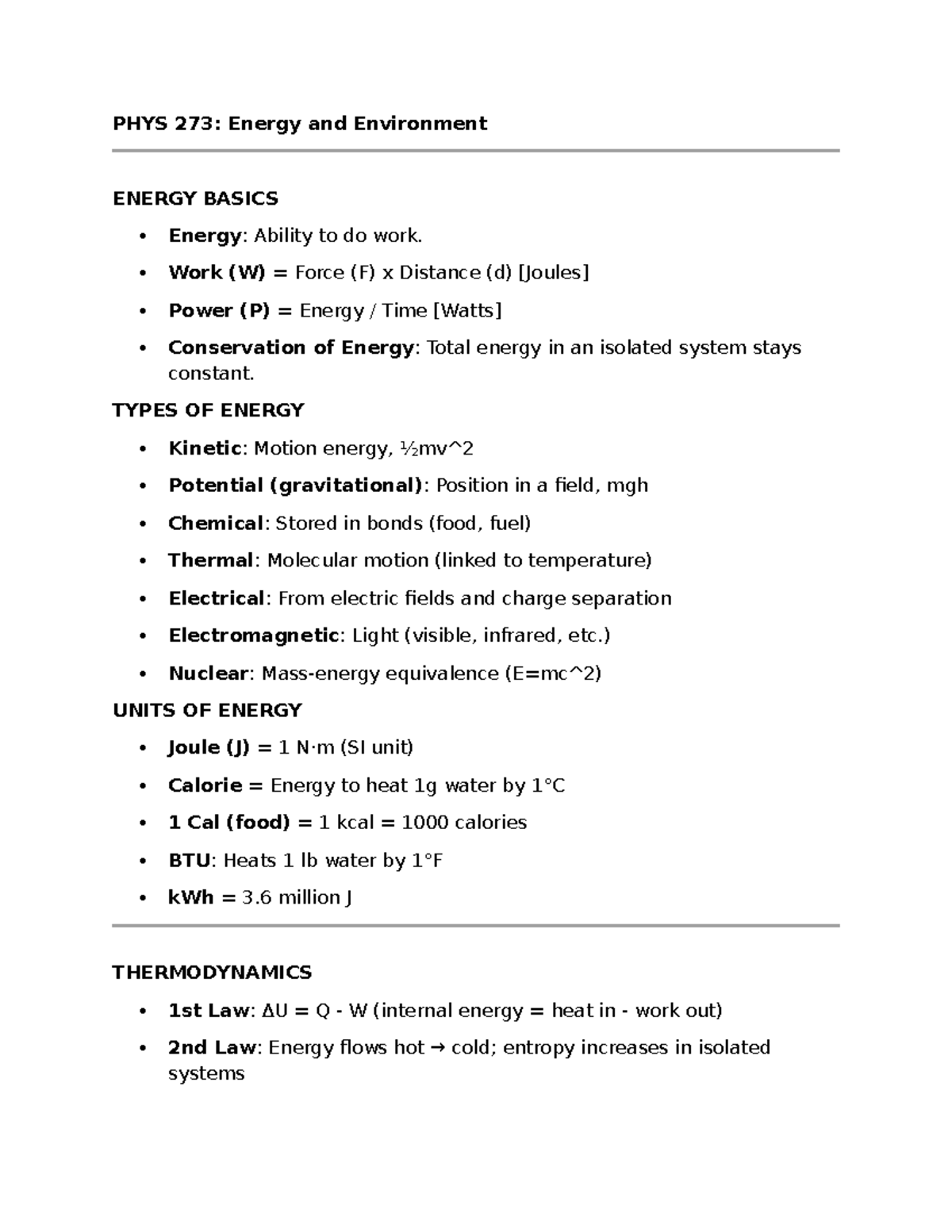 PHYS 273: Energy and Environment - Key Concepts Summary - Studocu