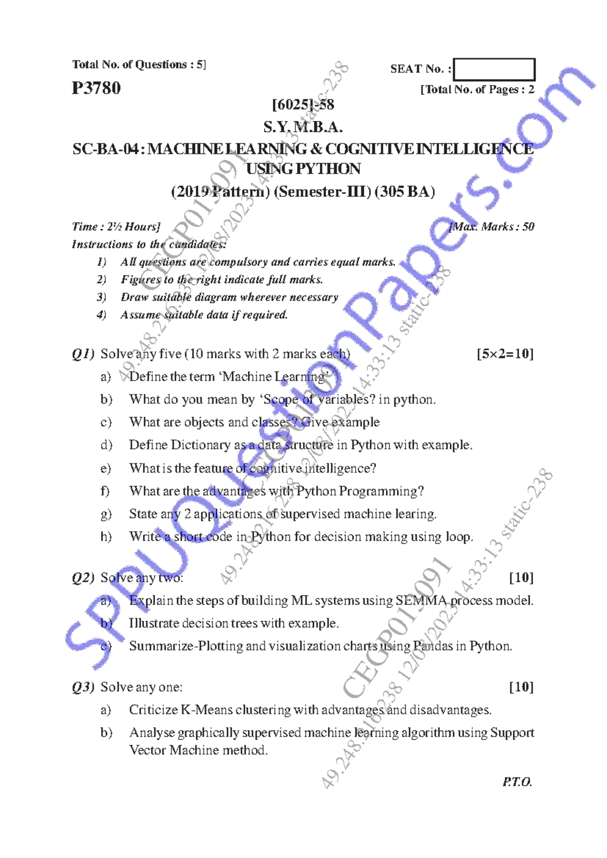 S.Y. M.B.A. Machine Learning & Cognitive Intelligence Exam (305 BA ...