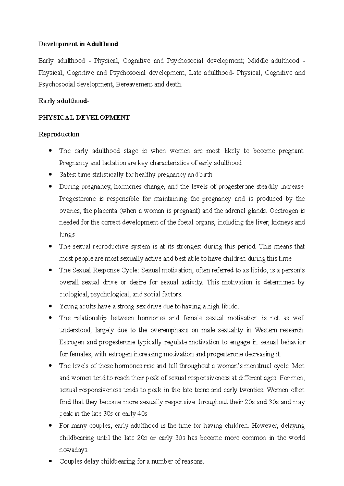 Dev psy unit 5 notes - Development in Adulthood Early adulthood ...