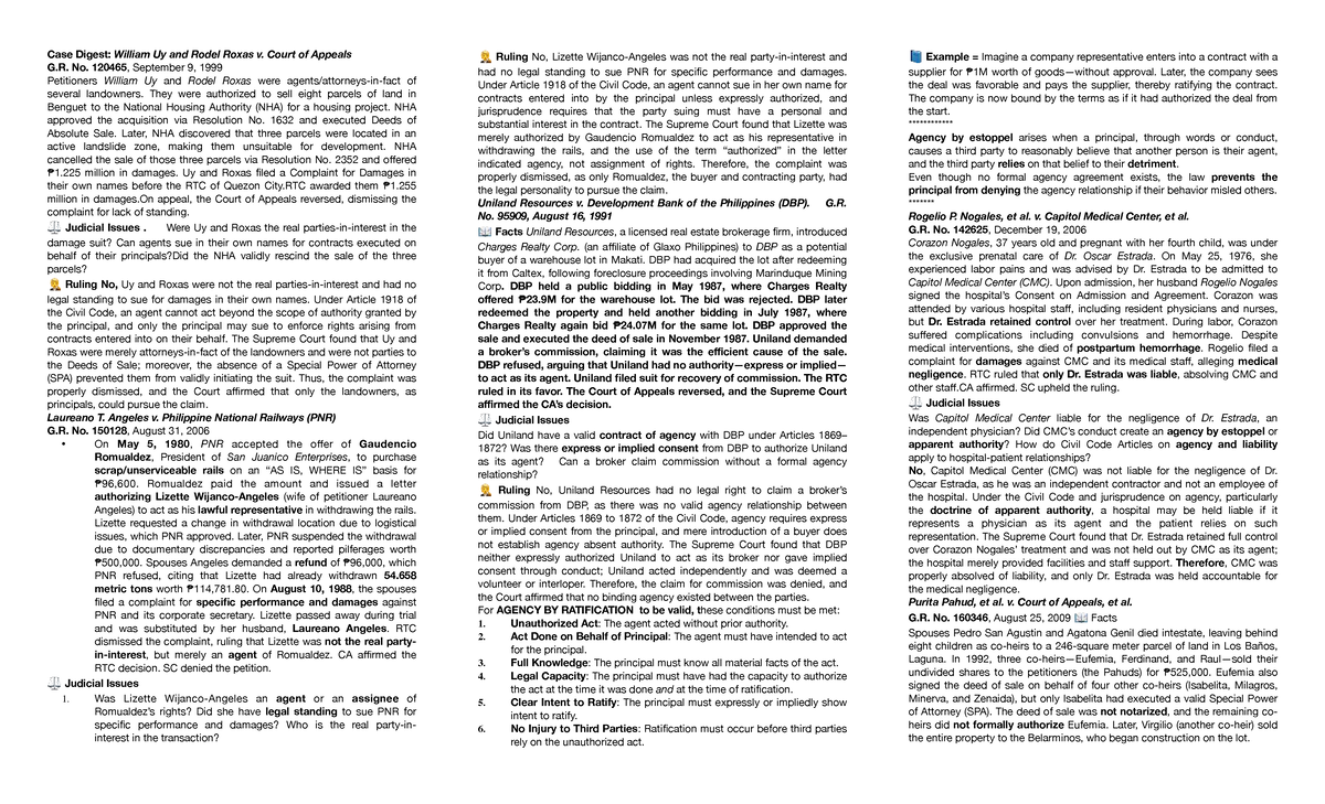 Case Digest Compilation: A Study of Agency Law and Liability (ATP 101 ...