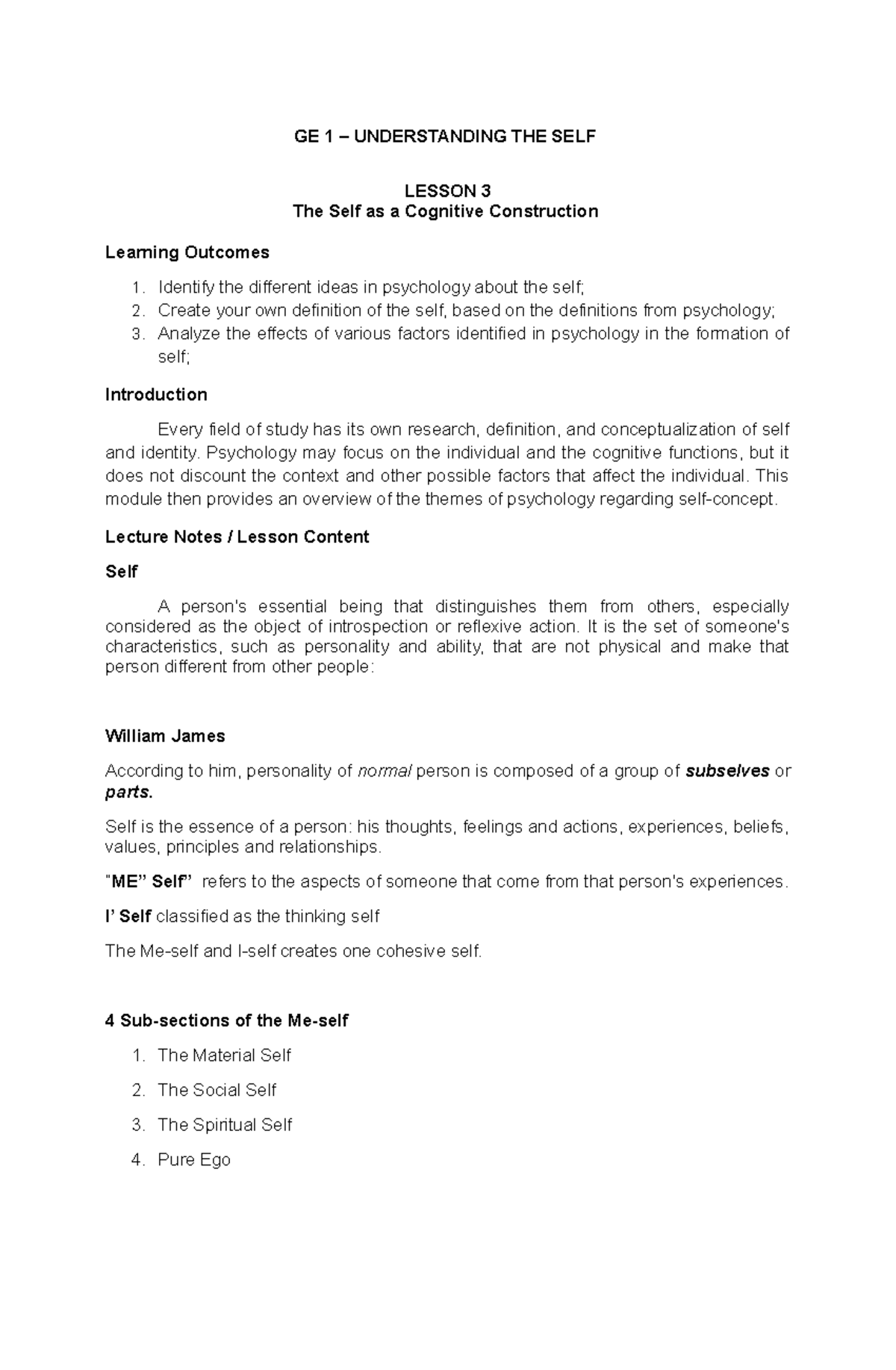 GE 1 - Lesson 3: The Self as a Cognitive Construct in Psychology - Studocu