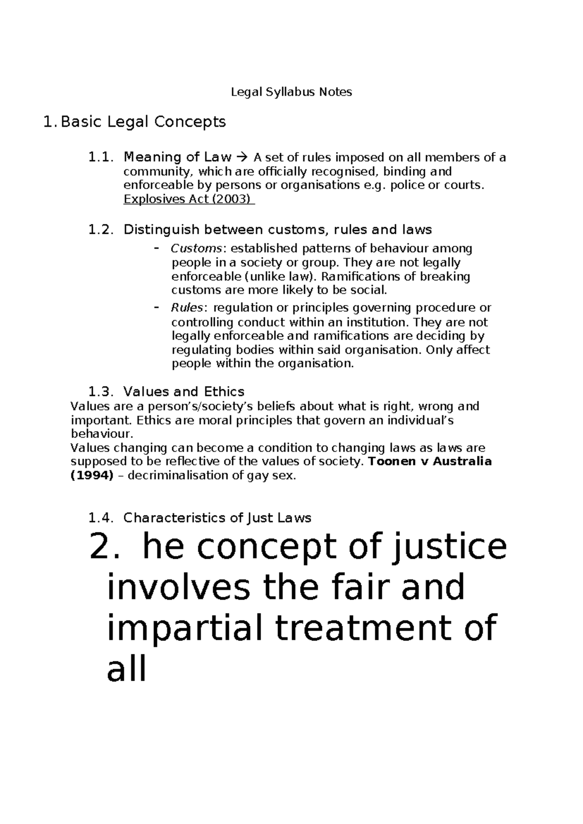 Legal Syllabus Notes - Basic Legal Concepts 1. Meaning of Law A set of ...
