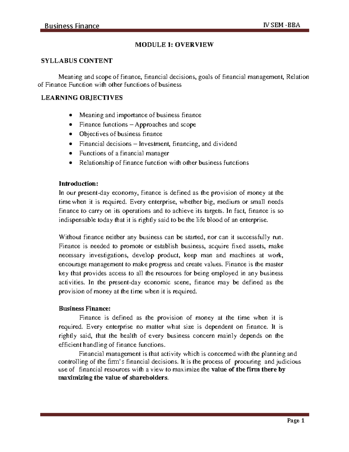 Business Finance - Module 1: Comprehensive Overview and Goals - Studocu