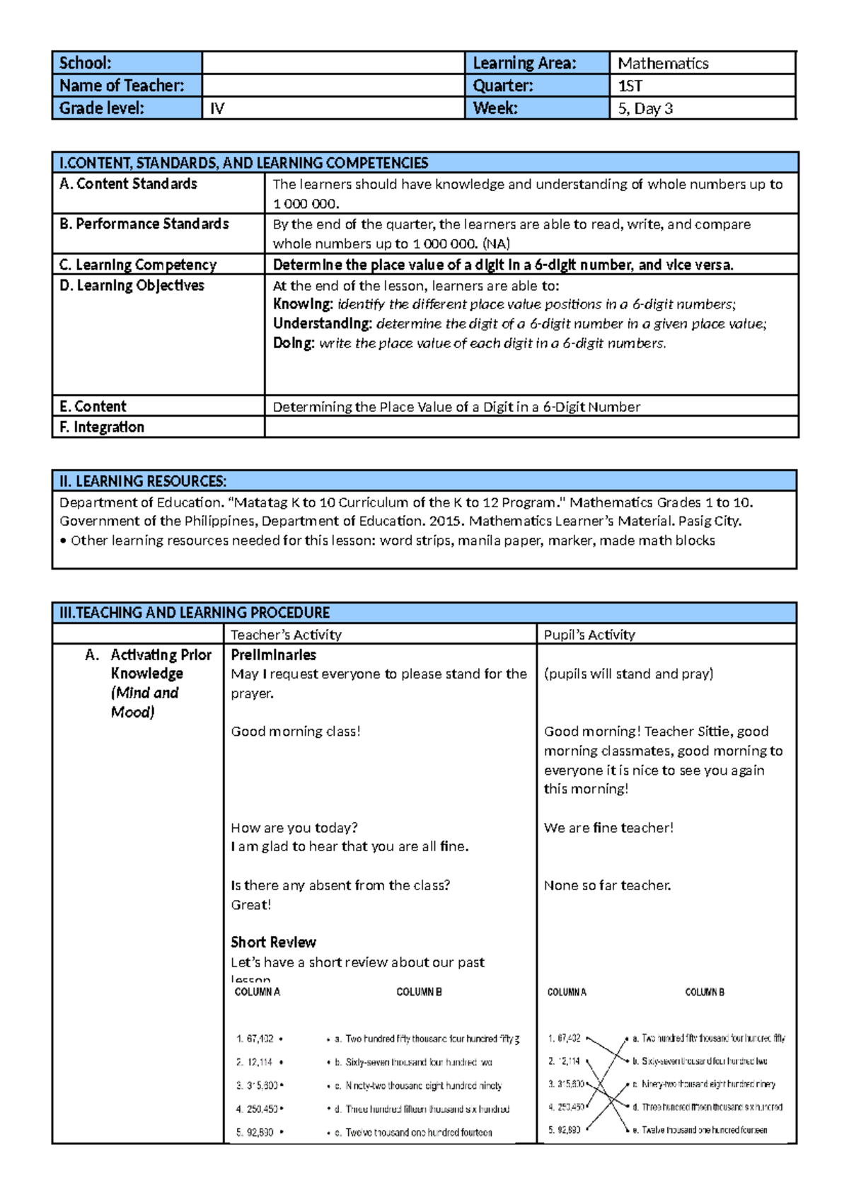 COT IN MATH Q1 W5 - D3 - Lesson Plan: Understanding 6-Digit Numbers ...