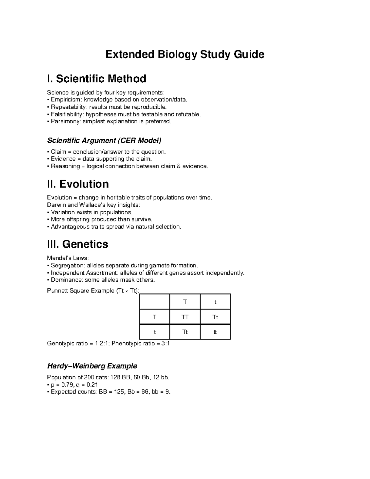 Extended Bio Study Guide I: Scientific Method & Evolution Concepts ...