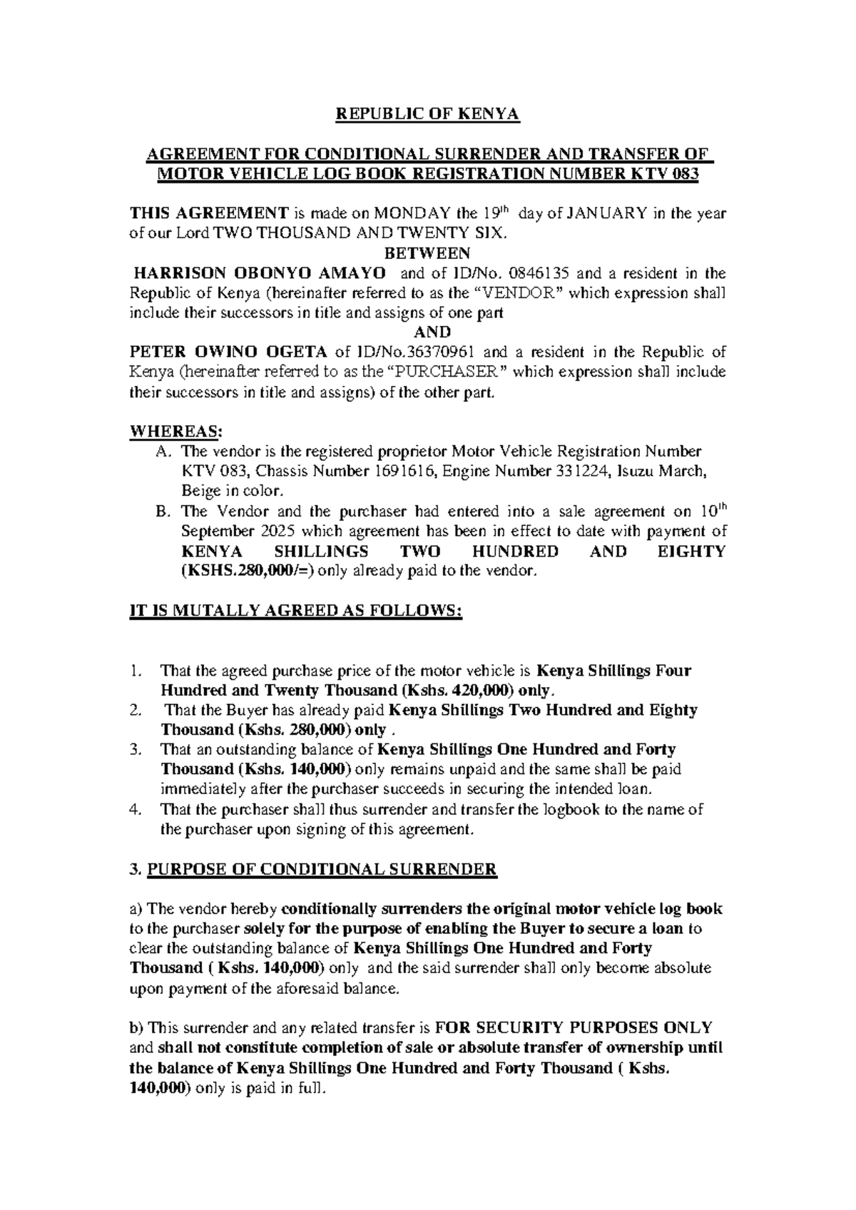Agreement for Conditional Surrender of Logbook KTV 083 - Studocu