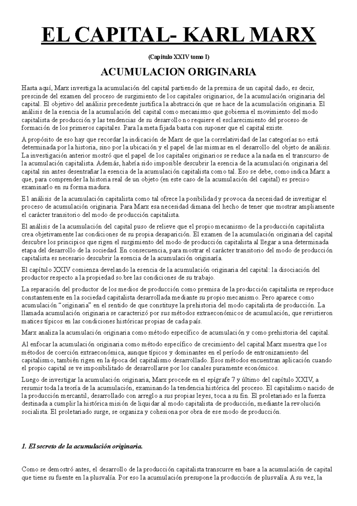 Resumen de El Capital de Marx - CAP 24: Acumulación Originaria - Document Preview